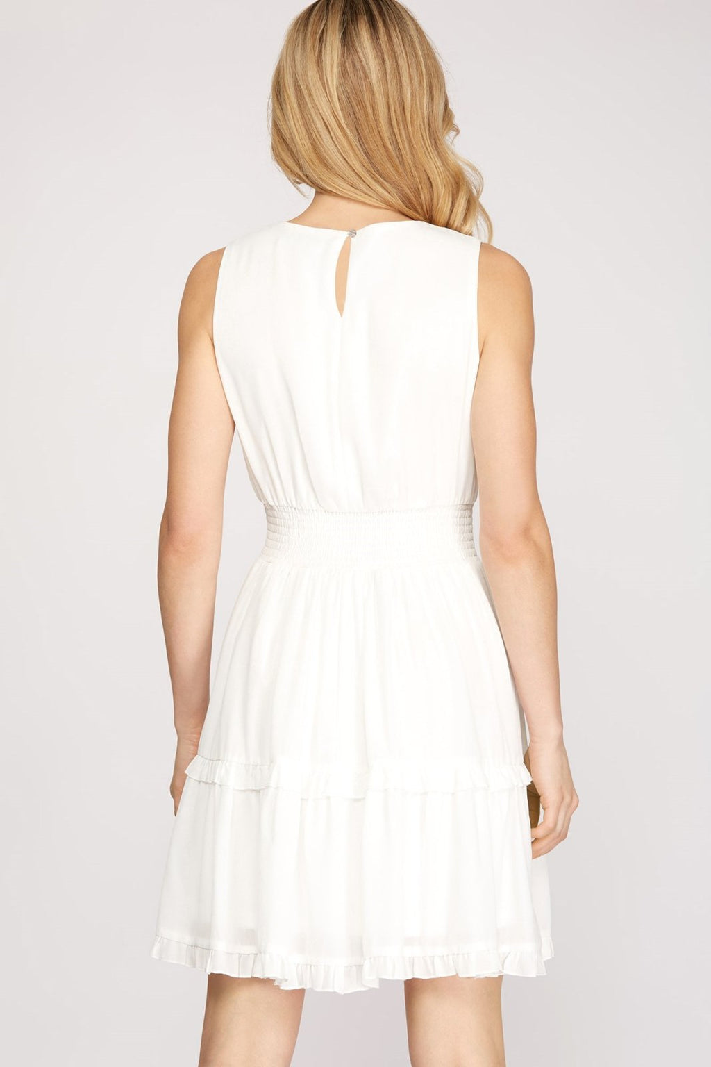 Back view of the SO SINCERE DRESS, a trendy coastal style option from Raggdoll Boutique.