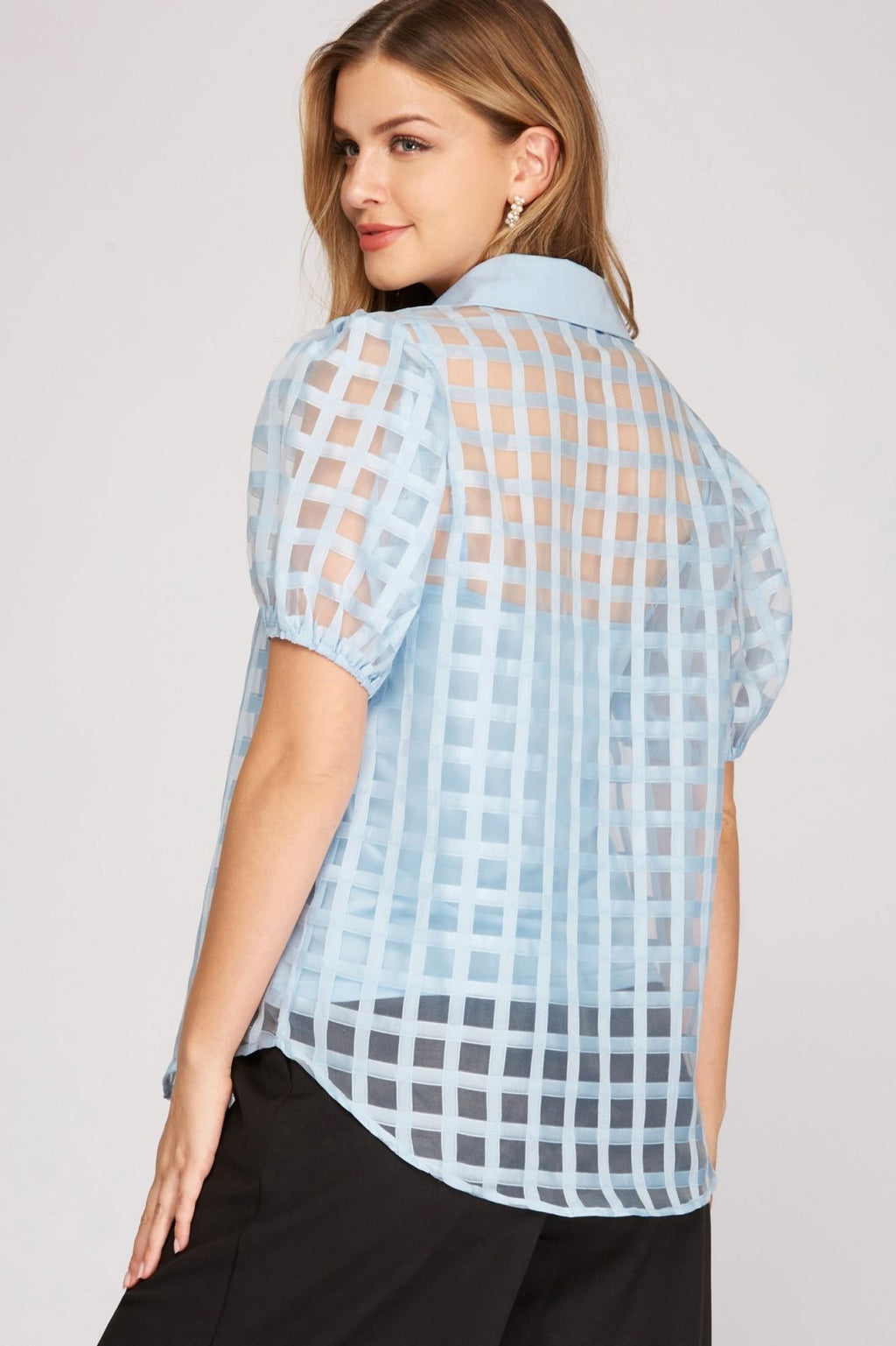 SKY BLUE ORGANZA TOP from Raggdoll Boutique, featuring trendy coastal style for summer outfits in Texas.