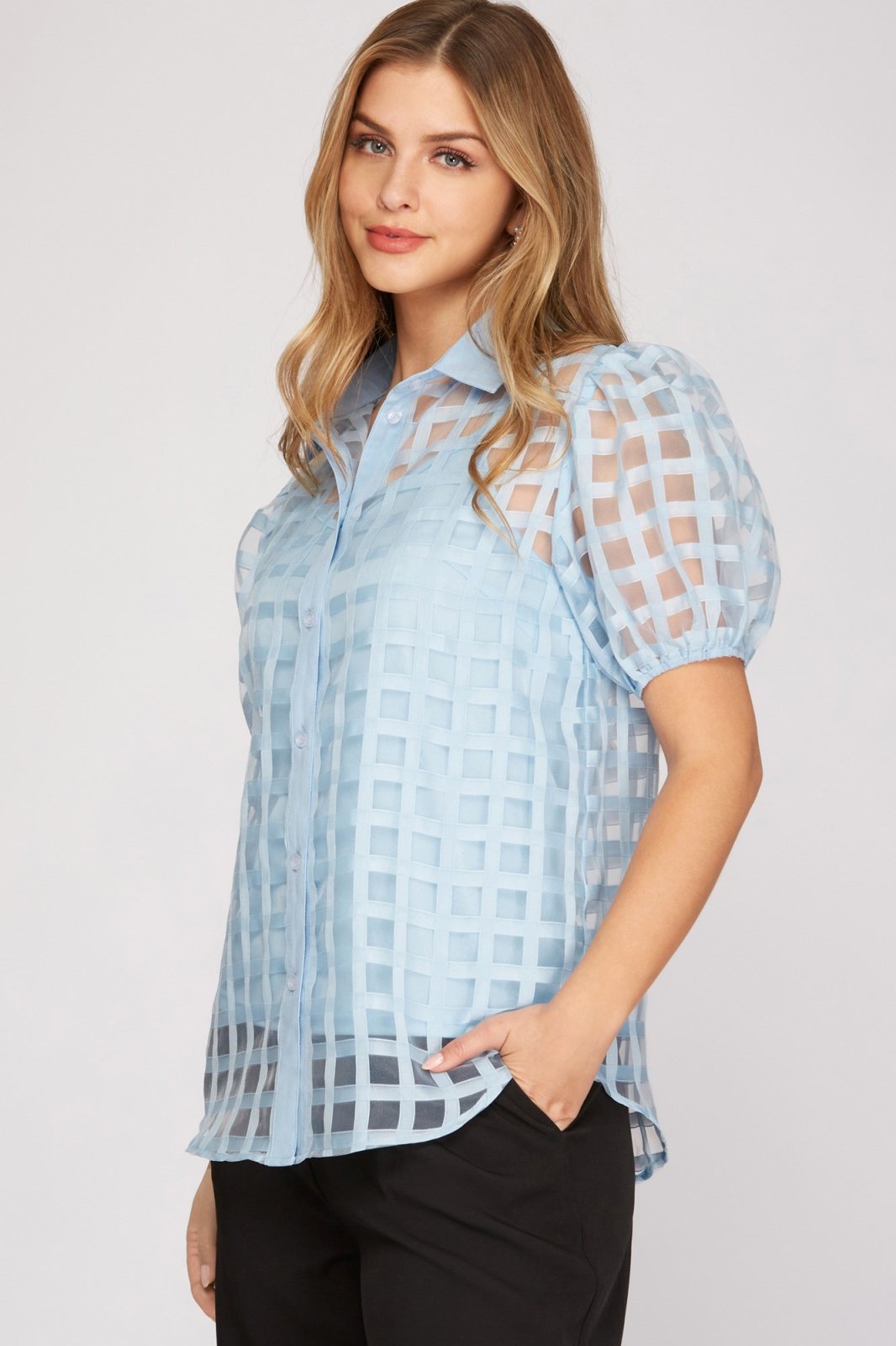 SKY BLUE ORGANZA TOP from Raggdoll Boutique showcases trendy coastal style for women's clothing in Port Aransas.