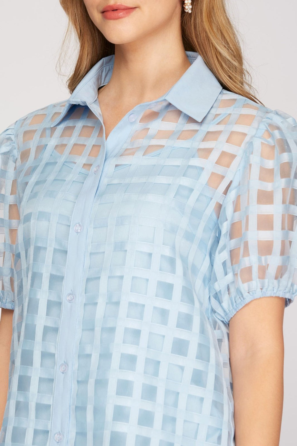 SKY BLUE ORGANZA TOP from Raggdoll Boutique, perfect for trendy coastal summer outfits in Port Aransas.