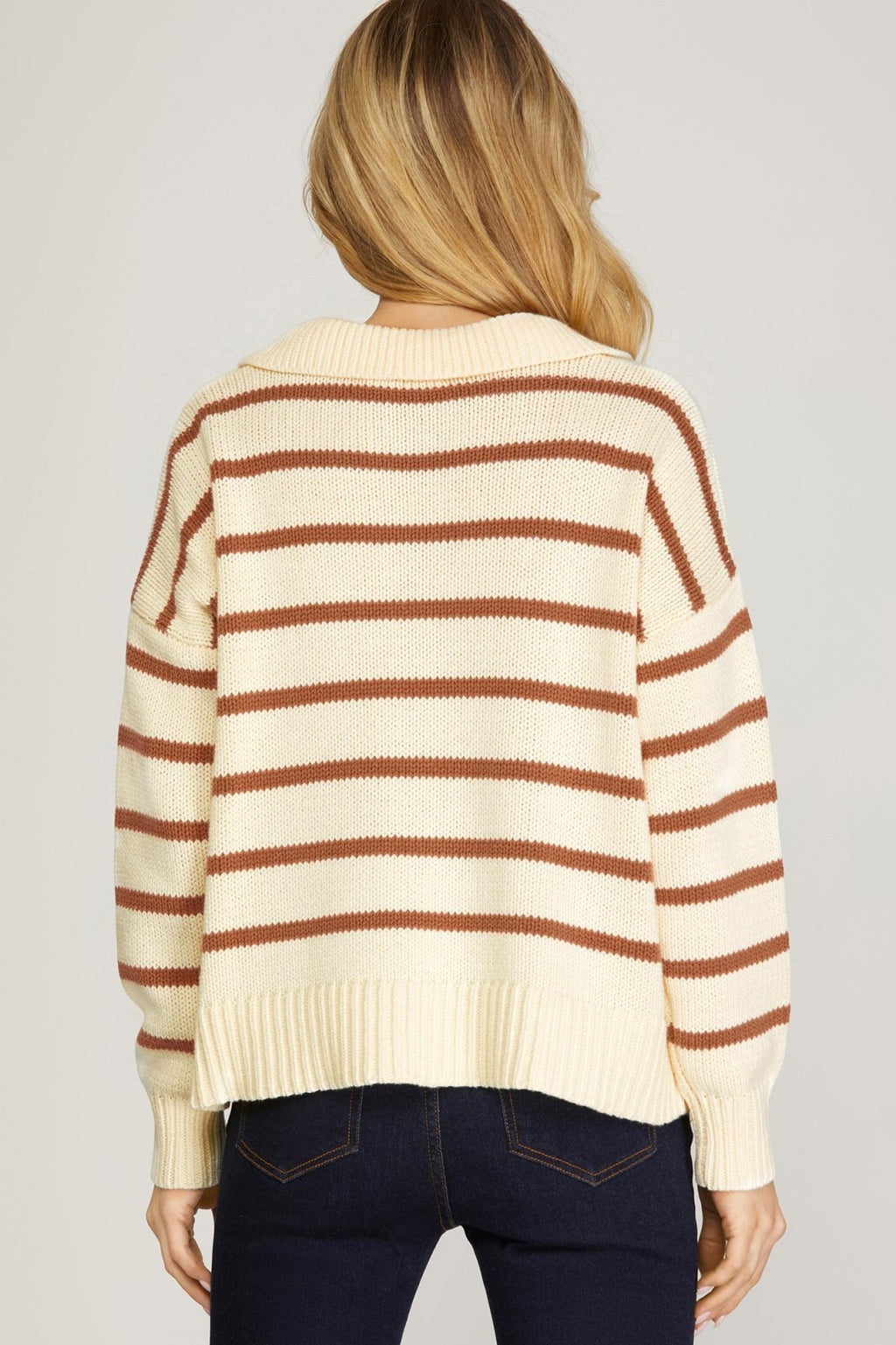 CAMEL AND IVORY COLLARED SWEATER back view with striped design, featured at Raggdoll Boutique.