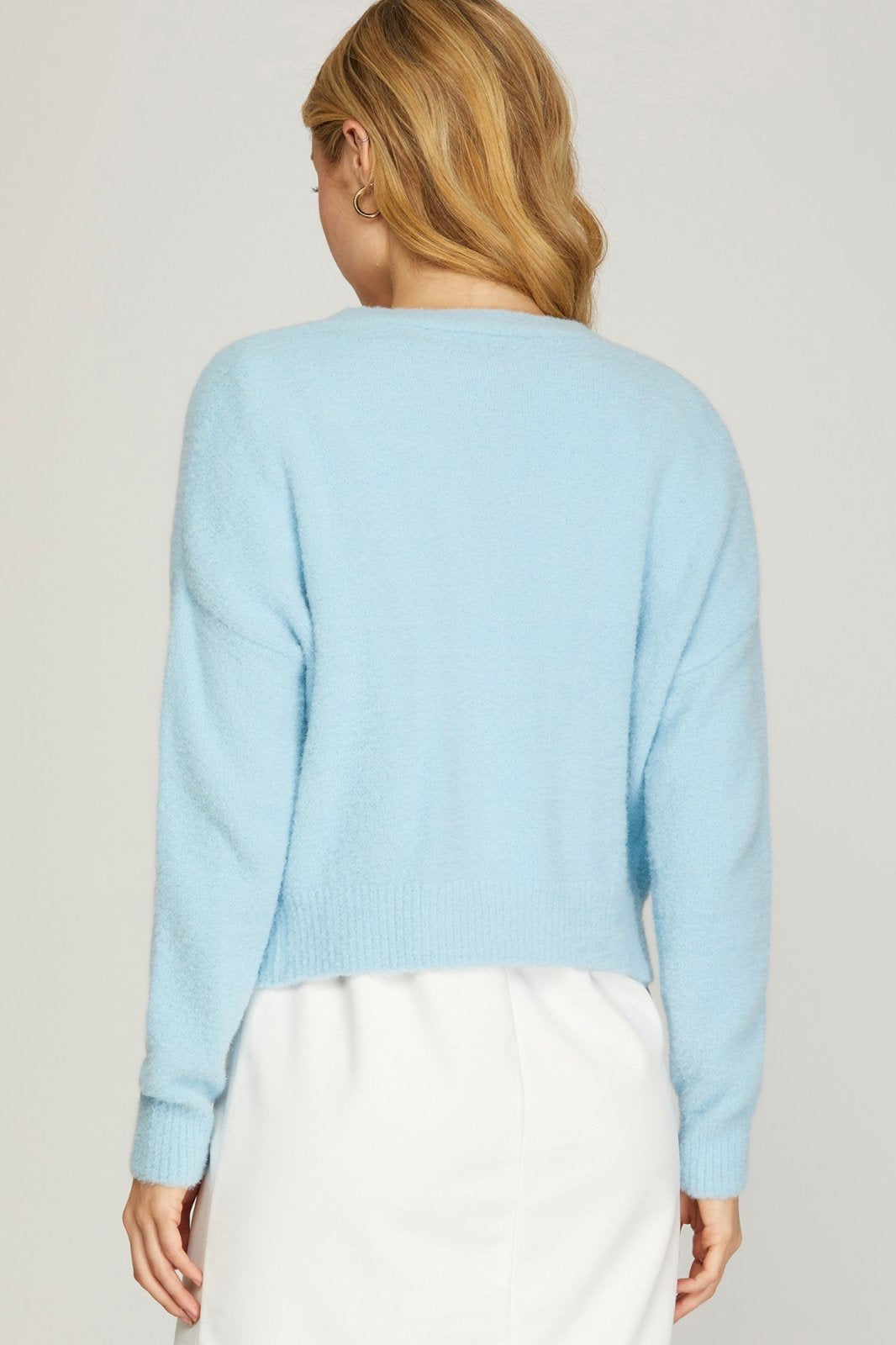 LT BLUE LONG SLEEVE FUZZY SWEATER CARDIGAN W/JEWEL BUTTONS back view, Raggdoll Boutique coastal fashion.