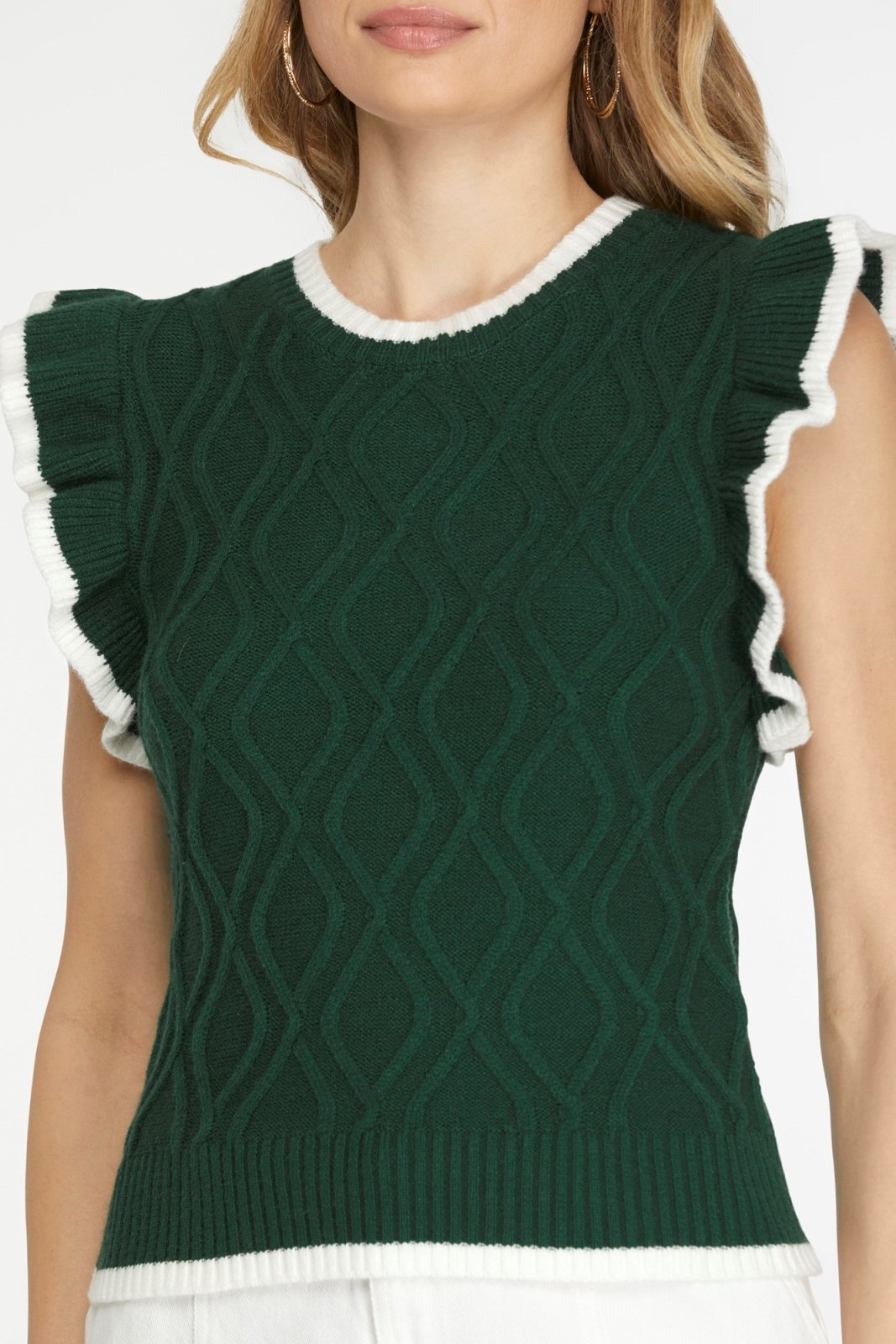 GAME DAY FOREST GREEN CABLE SWEATER from Raggdoll Boutique, perfect for trendy coastal style and summer outfits.