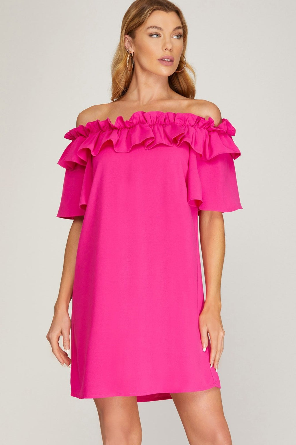 PINK PASSION OFF-SHOULDER DRESS featuring ruffle design, perfect for summer outfits Texas by Raggdoll Boutique.