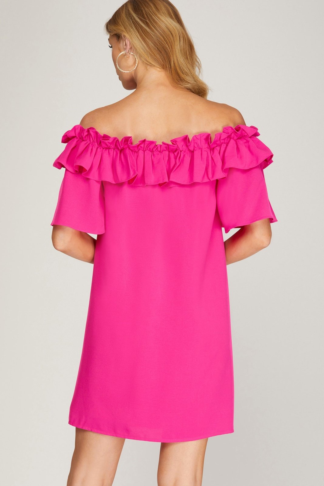 PINK PASSION OFF-SHOULDER DRESS in vibrant pink, perfect for summer outfits Texas from Raggdoll Boutique.