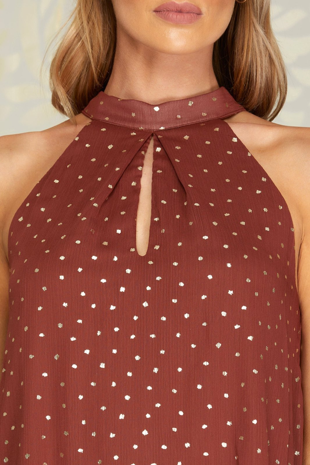 Cinnamon with Gold Detail Top featuring a keyhole design and trendy coastal style, perfect for women's clothing Port Aransas.