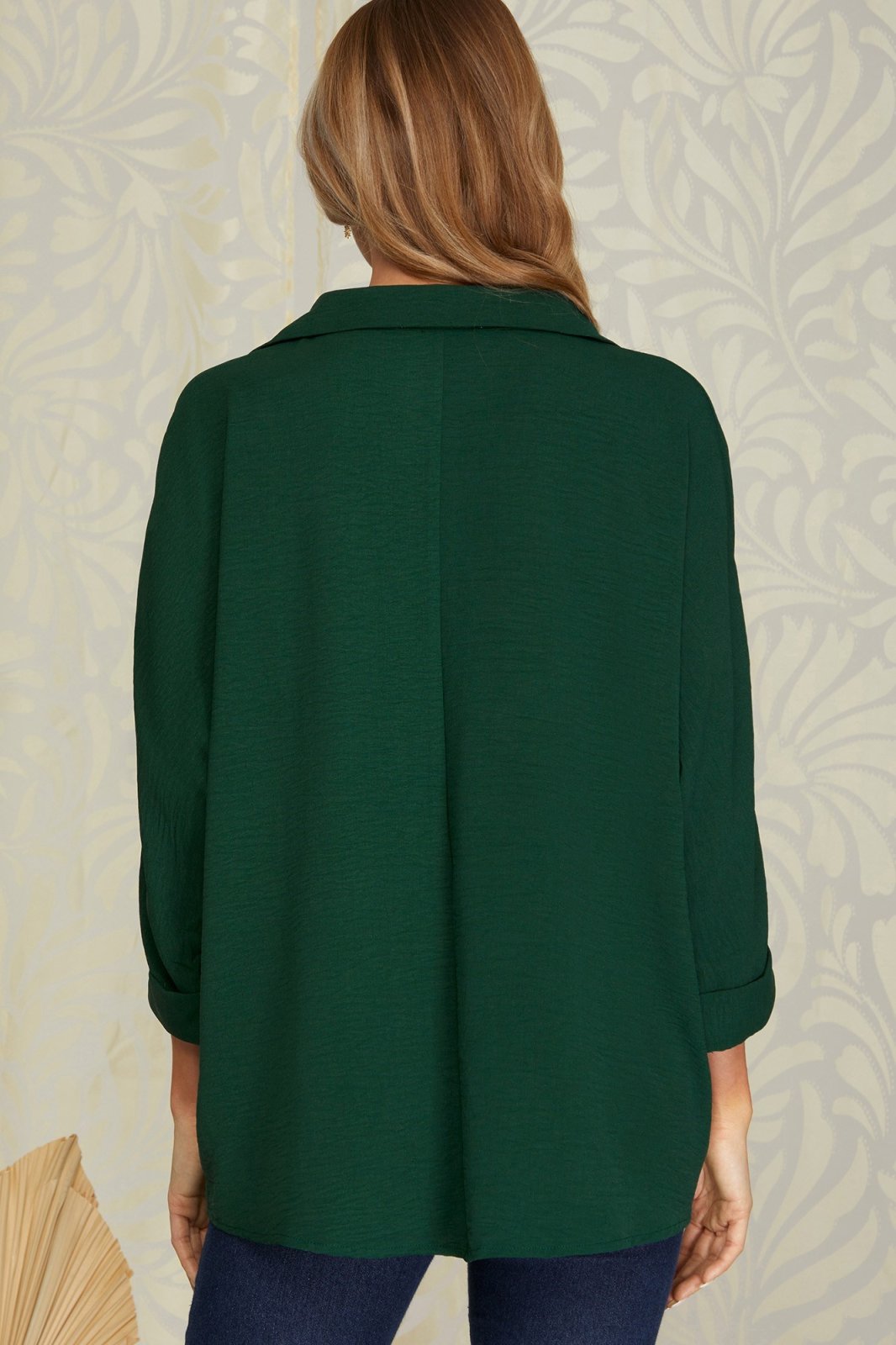 Back view of a sea green collared 3/4 sleeve top, perfect for coastal boutique clothing and curvy plus size fashion.