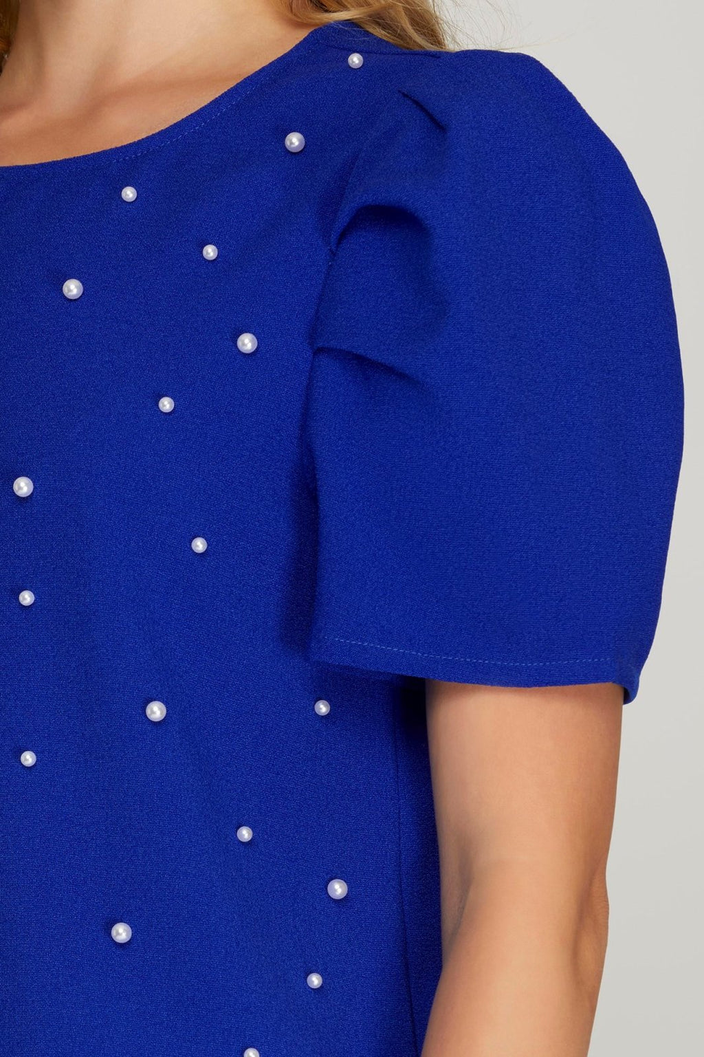 Royal Blue Top with Pearl Detail featuring puff sleeves and pearl accents, perfect for summer outfits Texas.