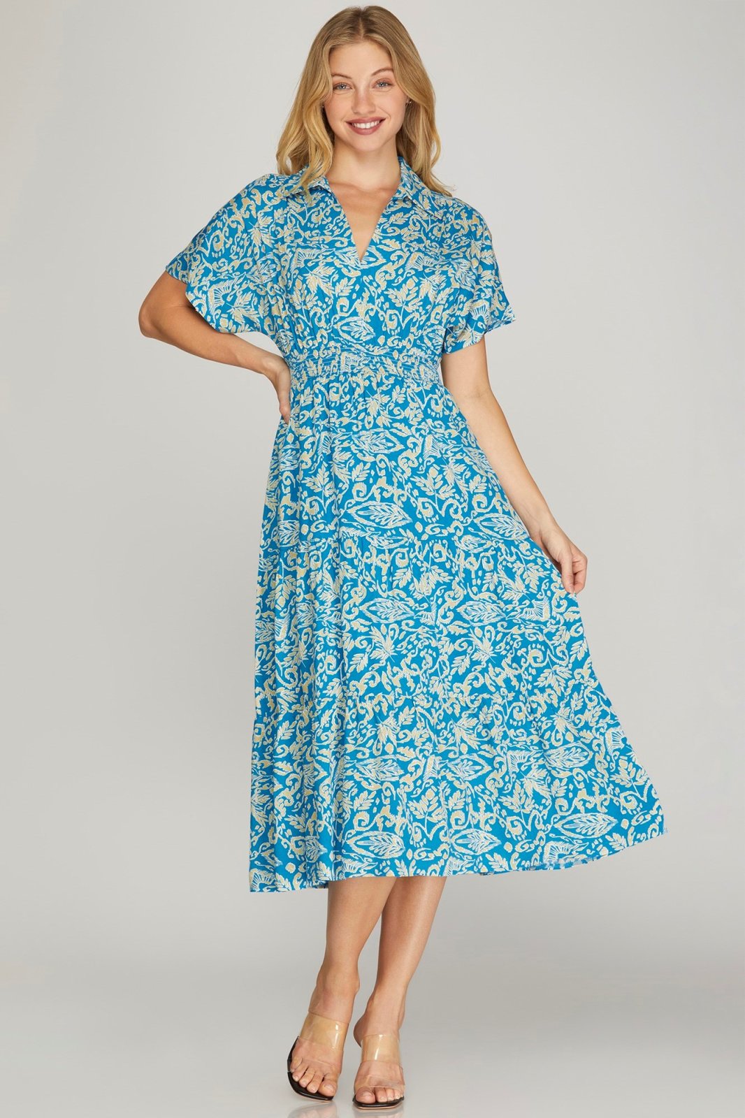 Greek Isles are Calling Dress displayed on a model, perfect for trendy coastal style from Raggdoll Boutique.