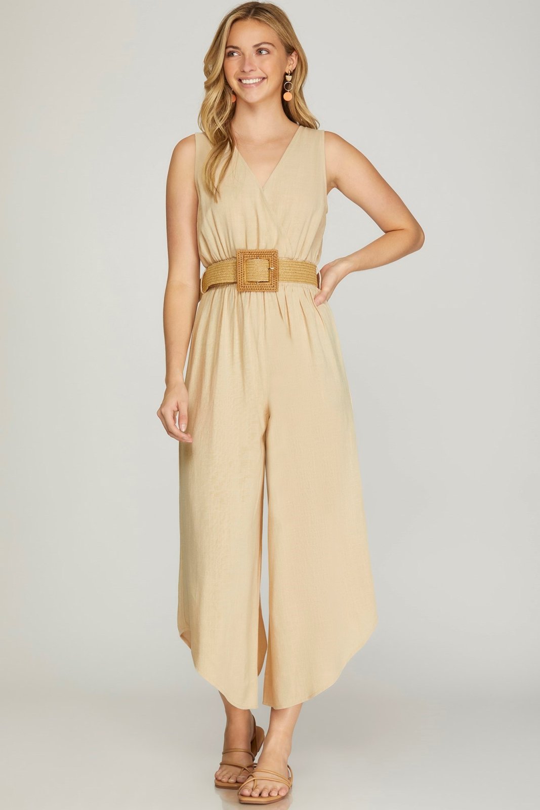 Suntan Jumpsuit with Belt from Raggdoll Boutique, perfect for summer outfits Texas and trendy coastal style.