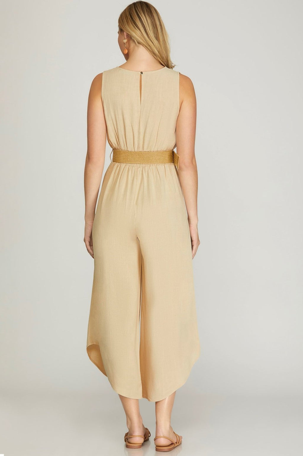Suntan Jumpsuit with Belt showcasing back view, crafted from 70% Rayon/30% Linen, perfect summer outfit for coastal fashion.