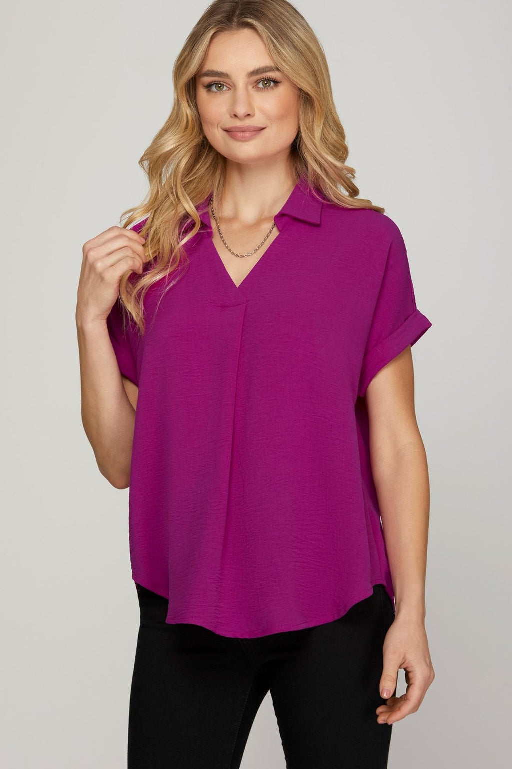 Vibrant magenta drop shoulder blouse from a Port Aransas boutique, perfect for curvy plus size fashion and stylish women's tops.