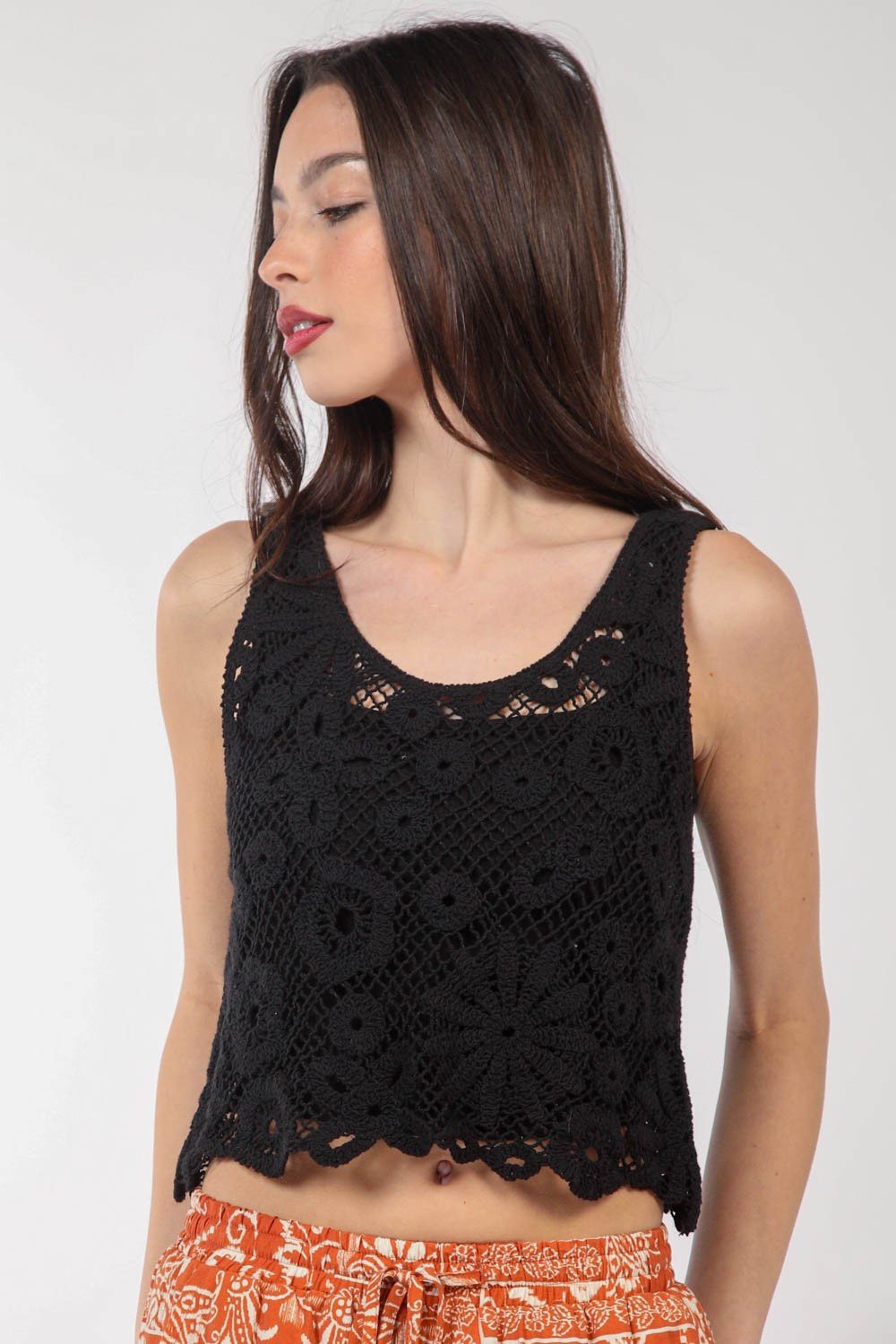 BLACK FLORAL CROCHET CROPTANK TOP from Raggdoll Boutique, perfect for trendy coastal style and summer outfits Texas.