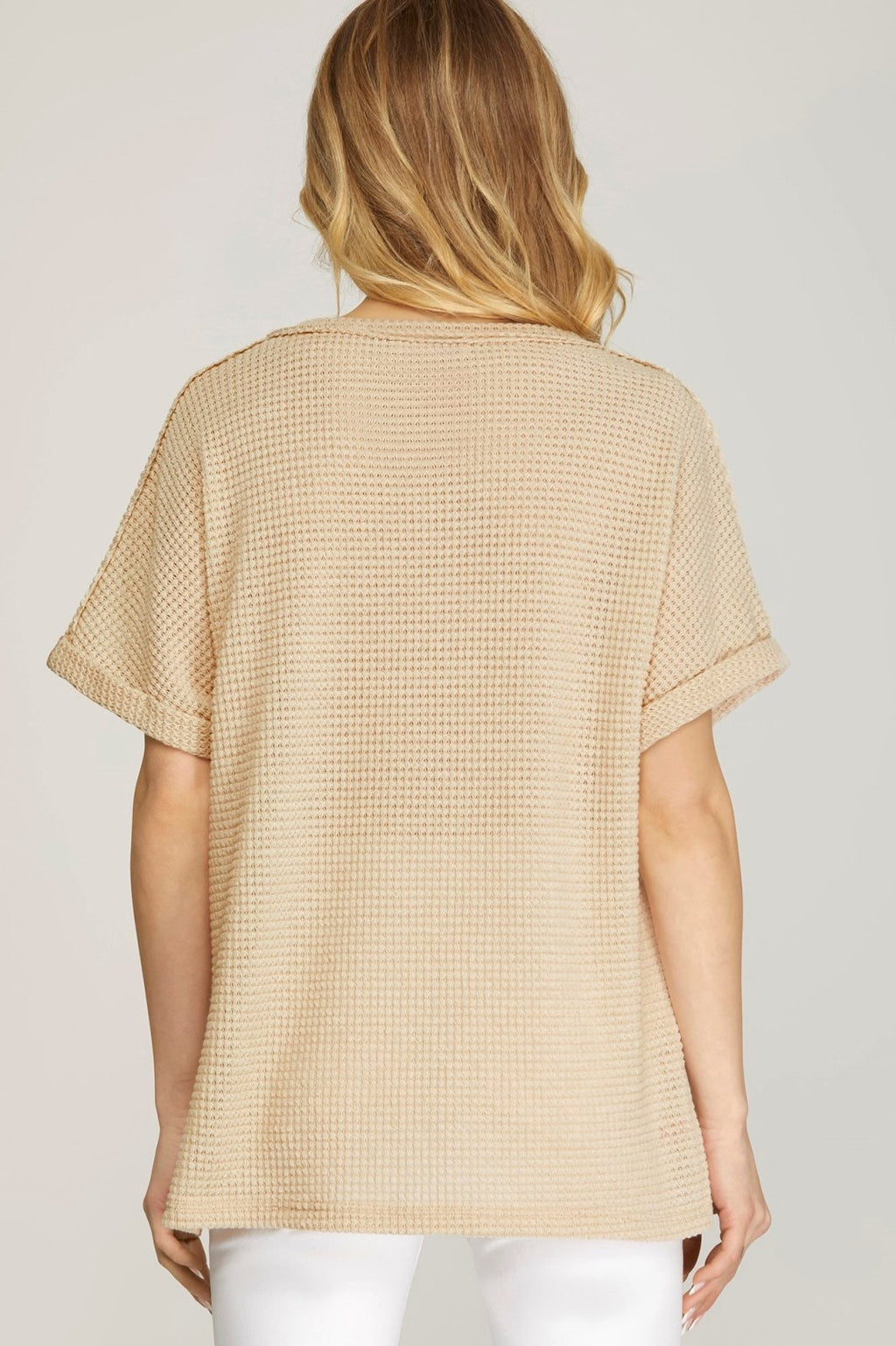 Back view of taupe oversized thermal top, perfect for coastal boutique clothing and stylish women's fashion.