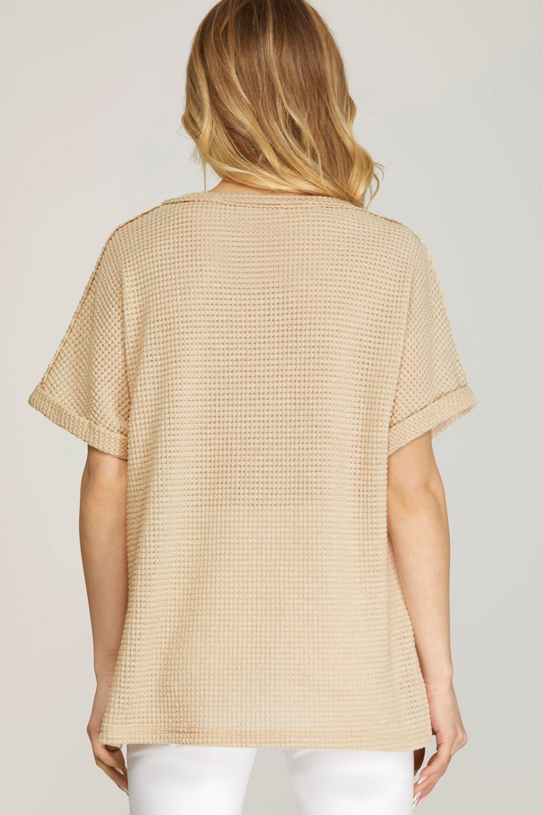 Back view of taupe oversized thermal top, perfect for coastal boutique clothing and stylish women's fashion.