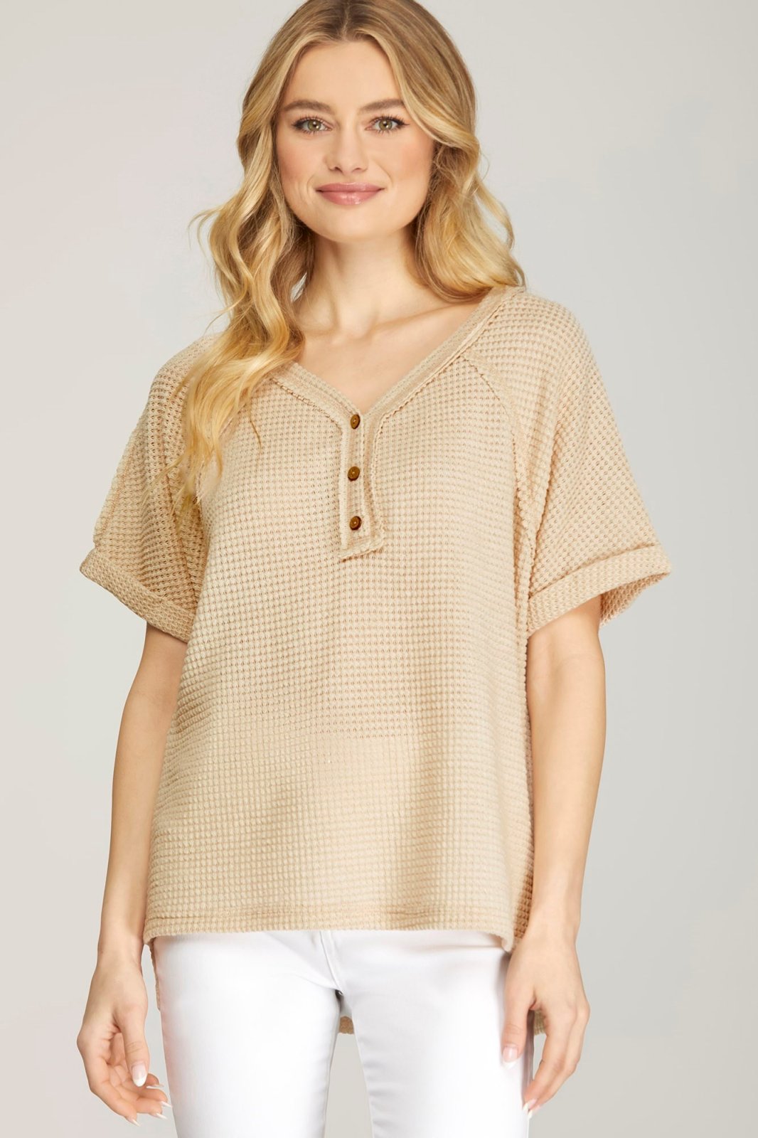 Taupe oversized thermal top from Port Aransas boutique, perfect for coastal fashion, casual beach outings, and layering.