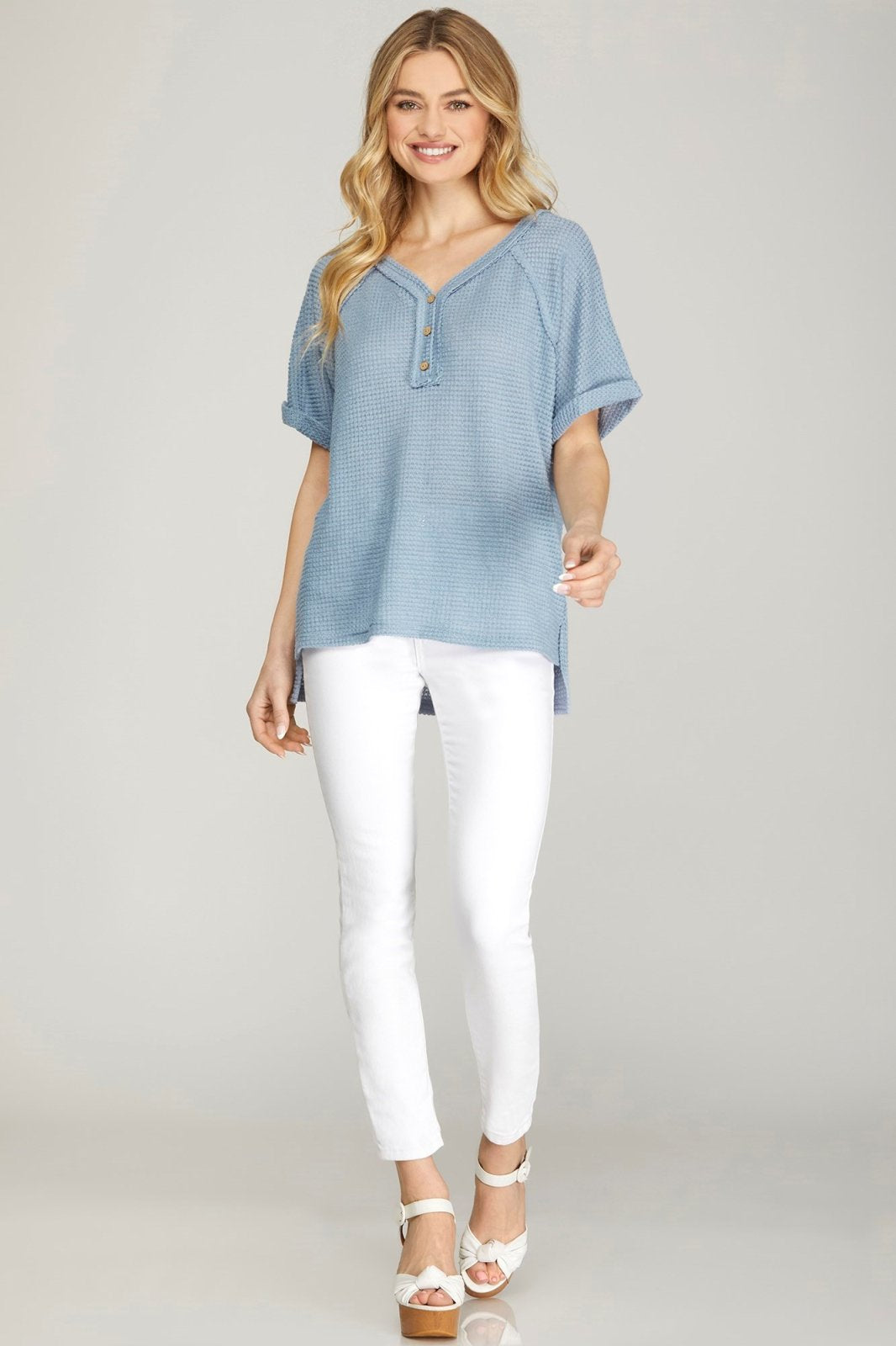 Misty blue oversized thermal top, perfect for coastal boutique clothing and curvy plus size fashion. Ideal for stylish summer outfits.
