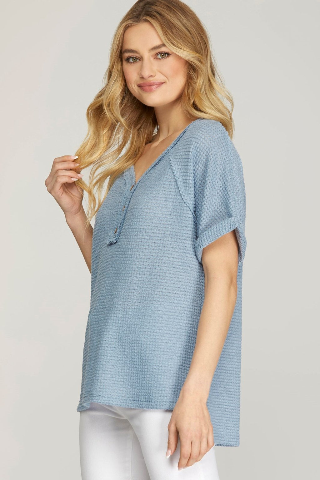 Misty blue oversized thermal top from a coastal boutique, perfect for tropical vacations and curvy plus size fashion.