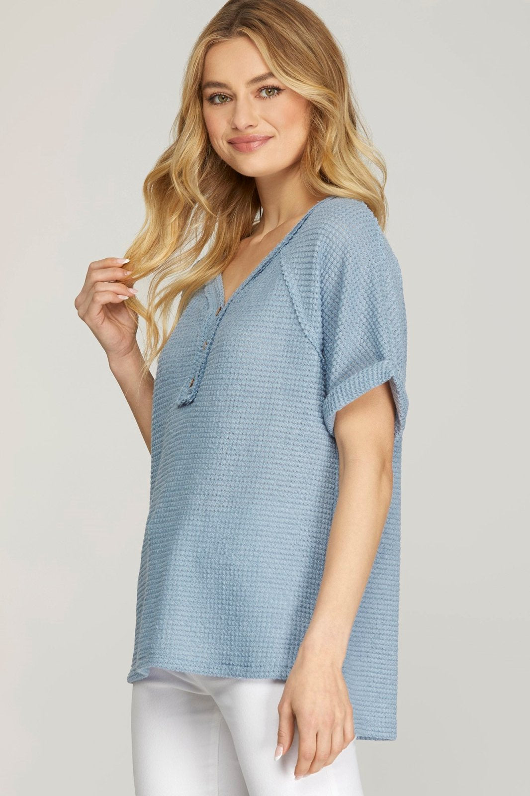 Misty blue oversized thermal top from a coastal boutique, perfect for tropical vacations and curvy plus size fashion.