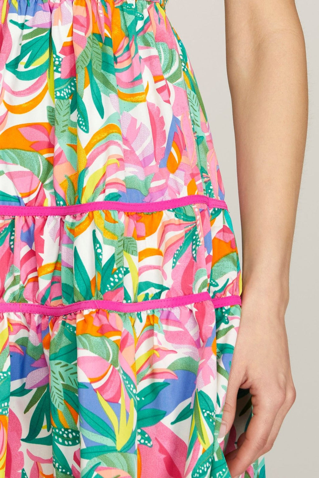Colorful patterned fabric of the Spring Fling Dress from Raggdoll Boutique, perfect for summer outfits Texas.