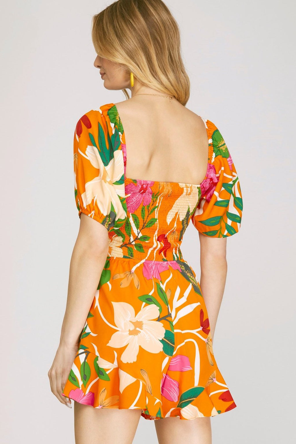 Kat Romper in bright floral print, perfect for summer outfits Texas from Raggdoll Boutique, trendy coastal style.