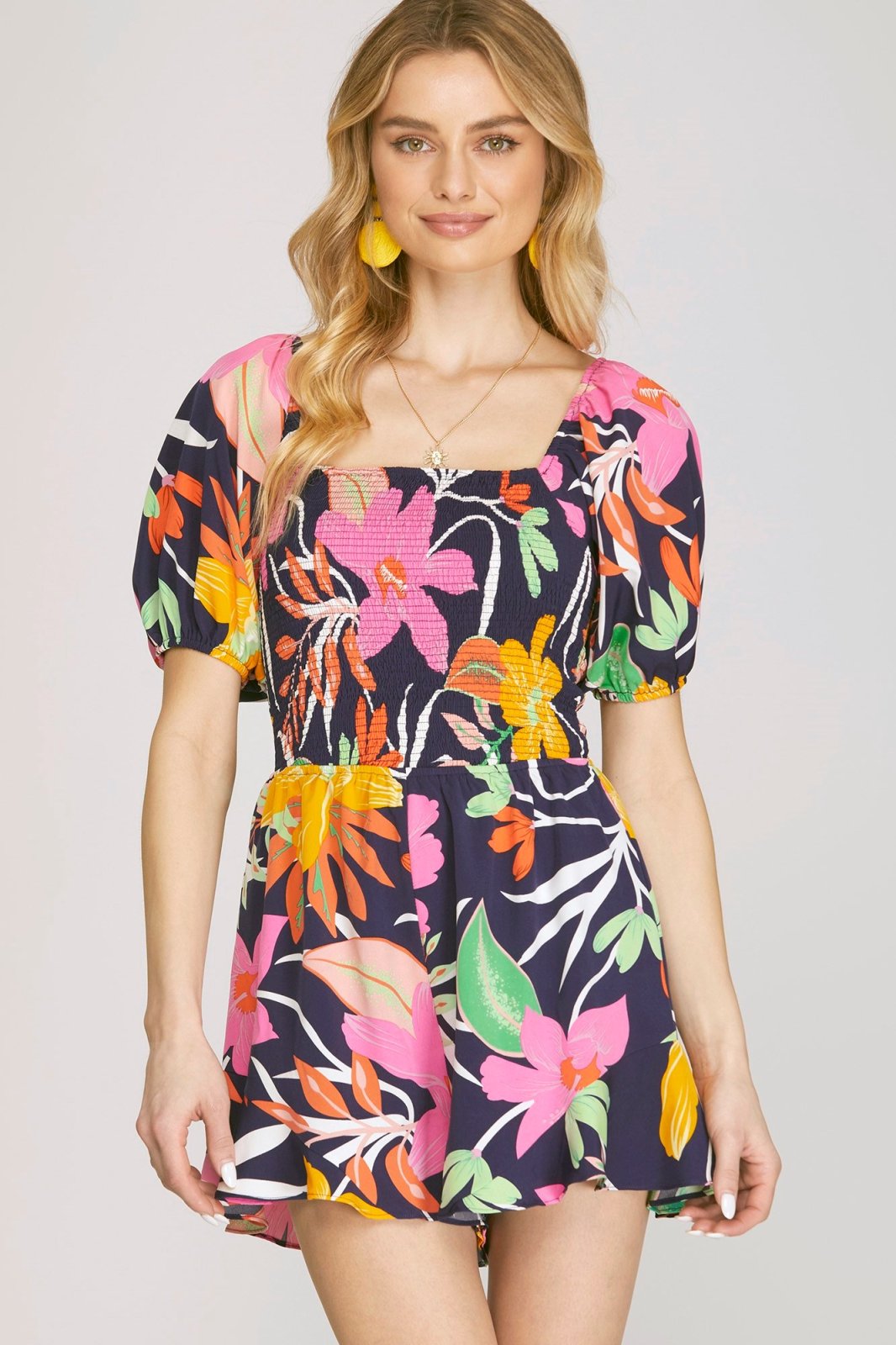 Navy with Tropical Print Romper from Raggdoll Boutique, perfect for summer outfits and coastal fashion.