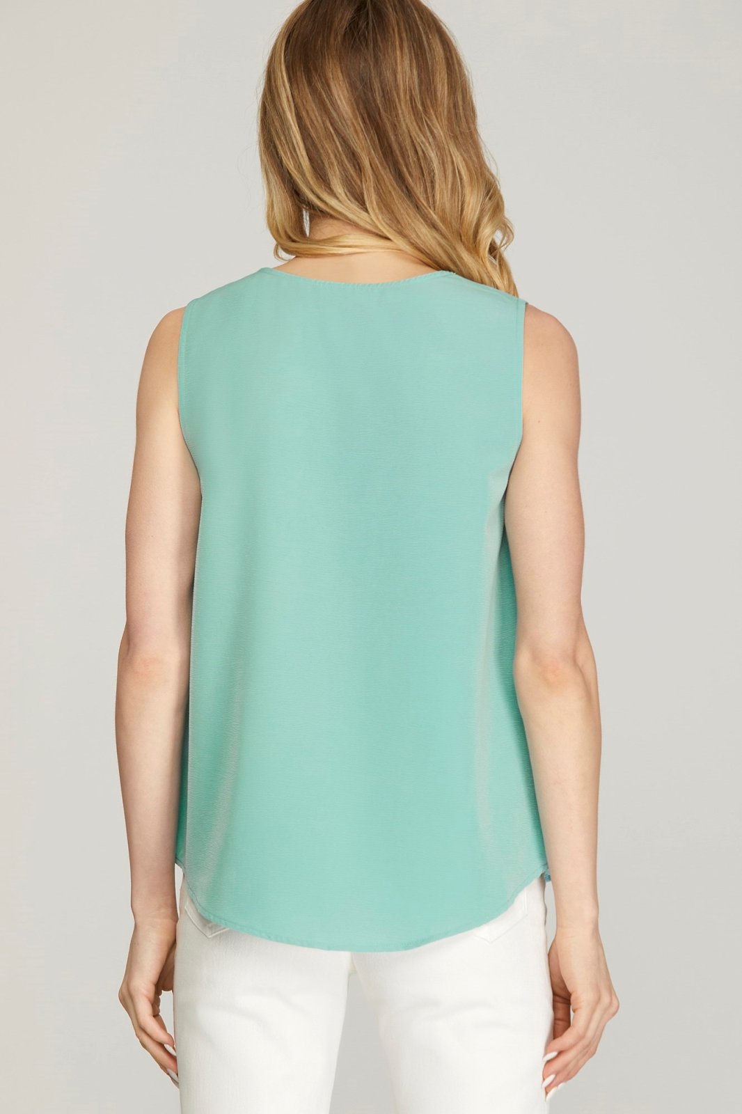 Back view of Seafoam Sleeveless Top from Raggdoll Boutique, perfect for trendy coastal style and summer outfits.