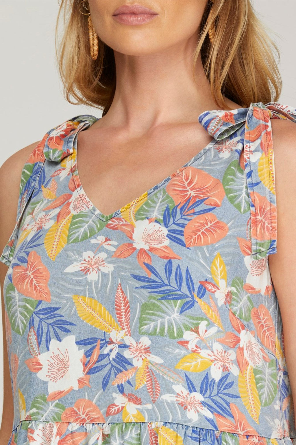 Close-up of Summer Vibes Dress with floral pattern, perfect for coastal style at Raggdoll Boutique.