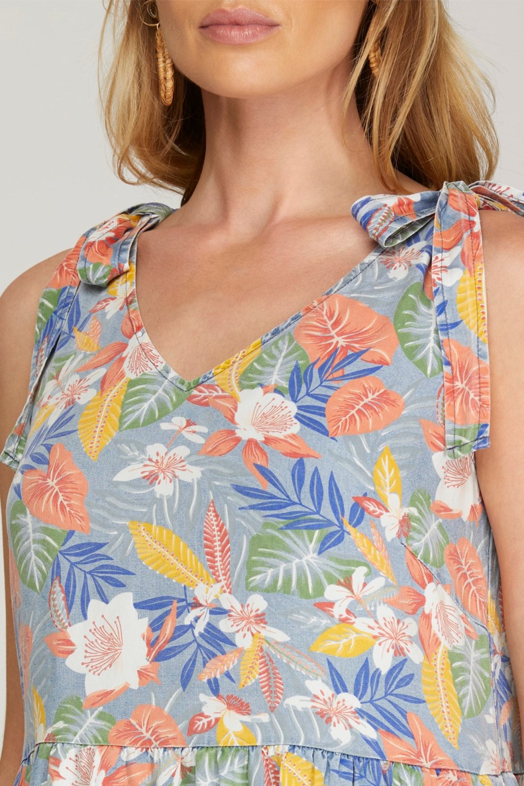 Close-up of Summer Vibes Dress with floral pattern, perfect for coastal style at Raggdoll Boutique.