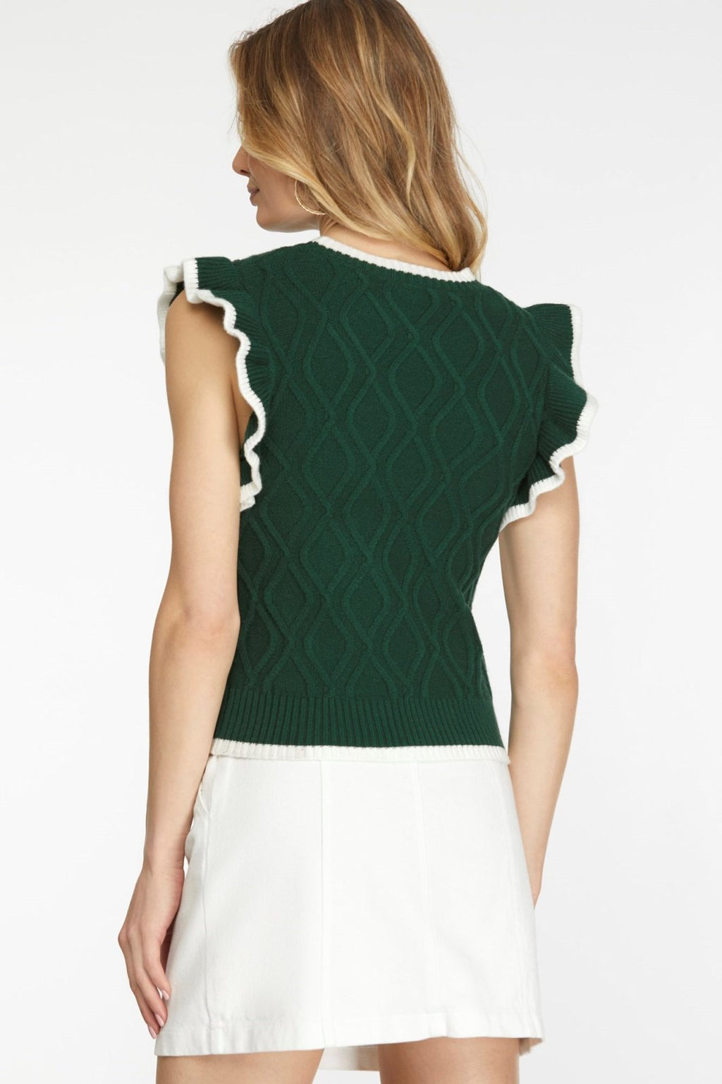 GAME DAY FOREST GREEN CABLE SWEATER featuring ruffled sleeves, perfect for trendy coastal style.