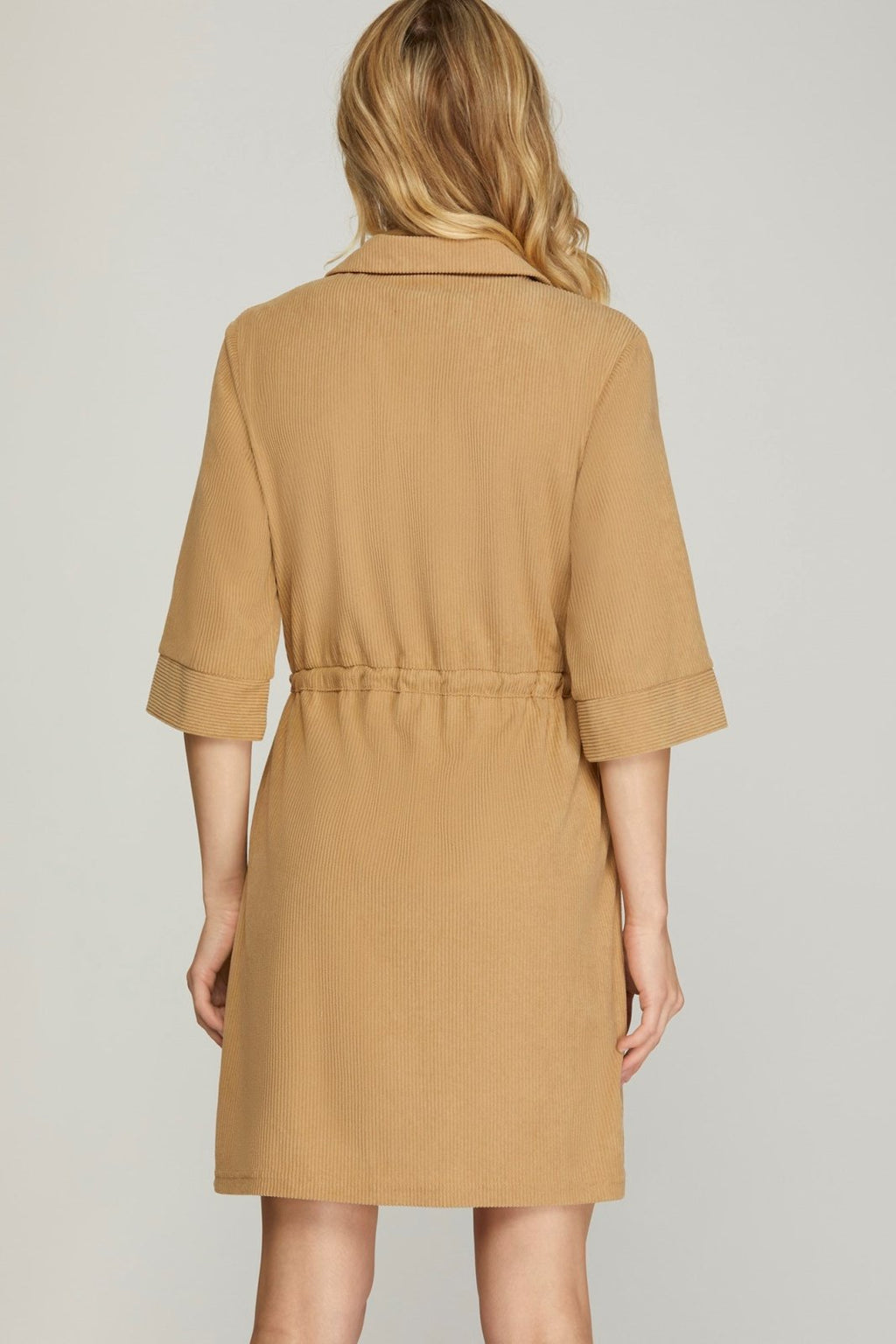 Back view of the Casey Dress in tan, perfect for coastal boutique clothing and tropical vacation dresses.