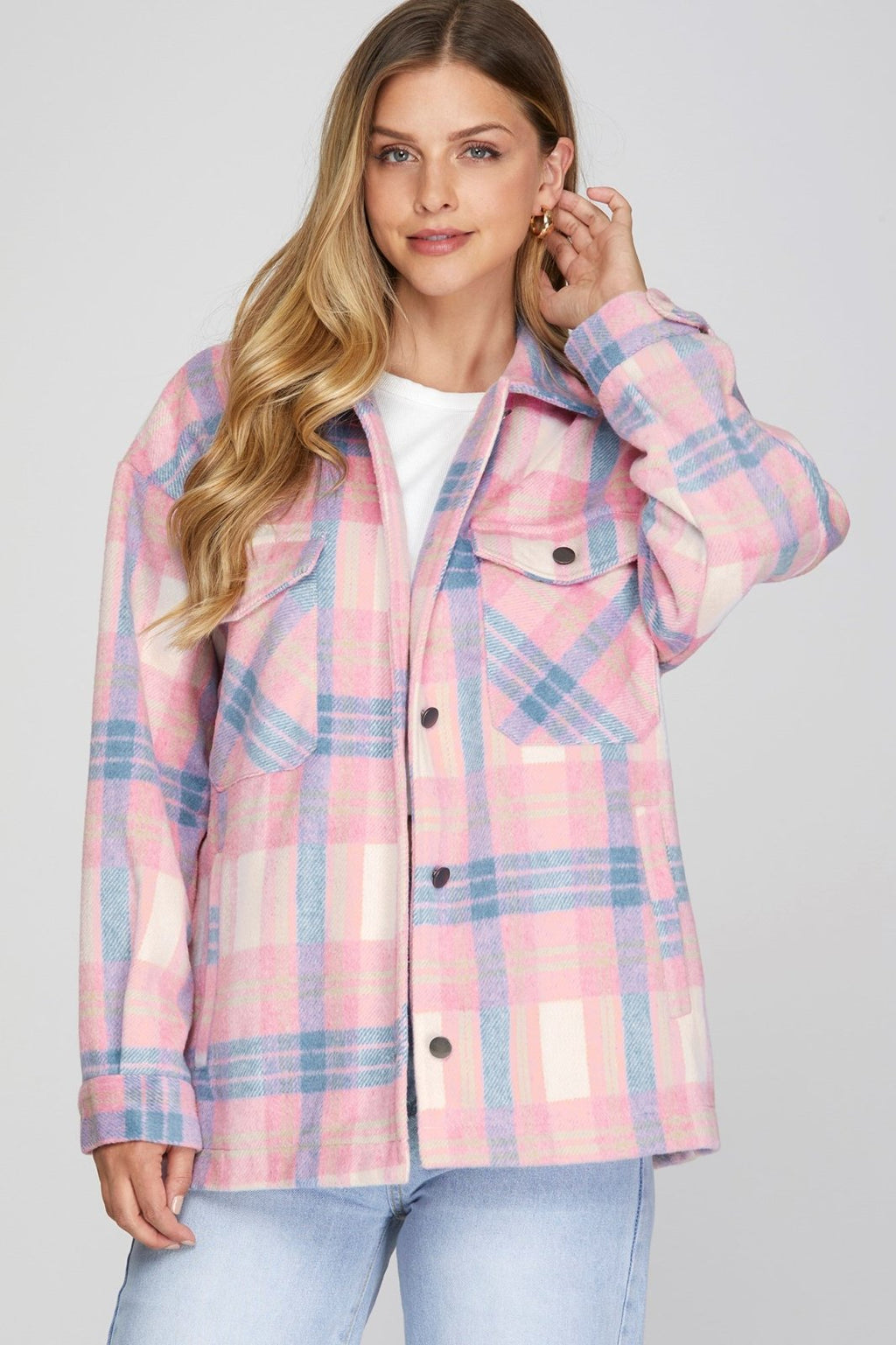 Stylish pink and blue plaid jacket for women, perfect for Port Aransas beach boutiques and curated coastal fashion.