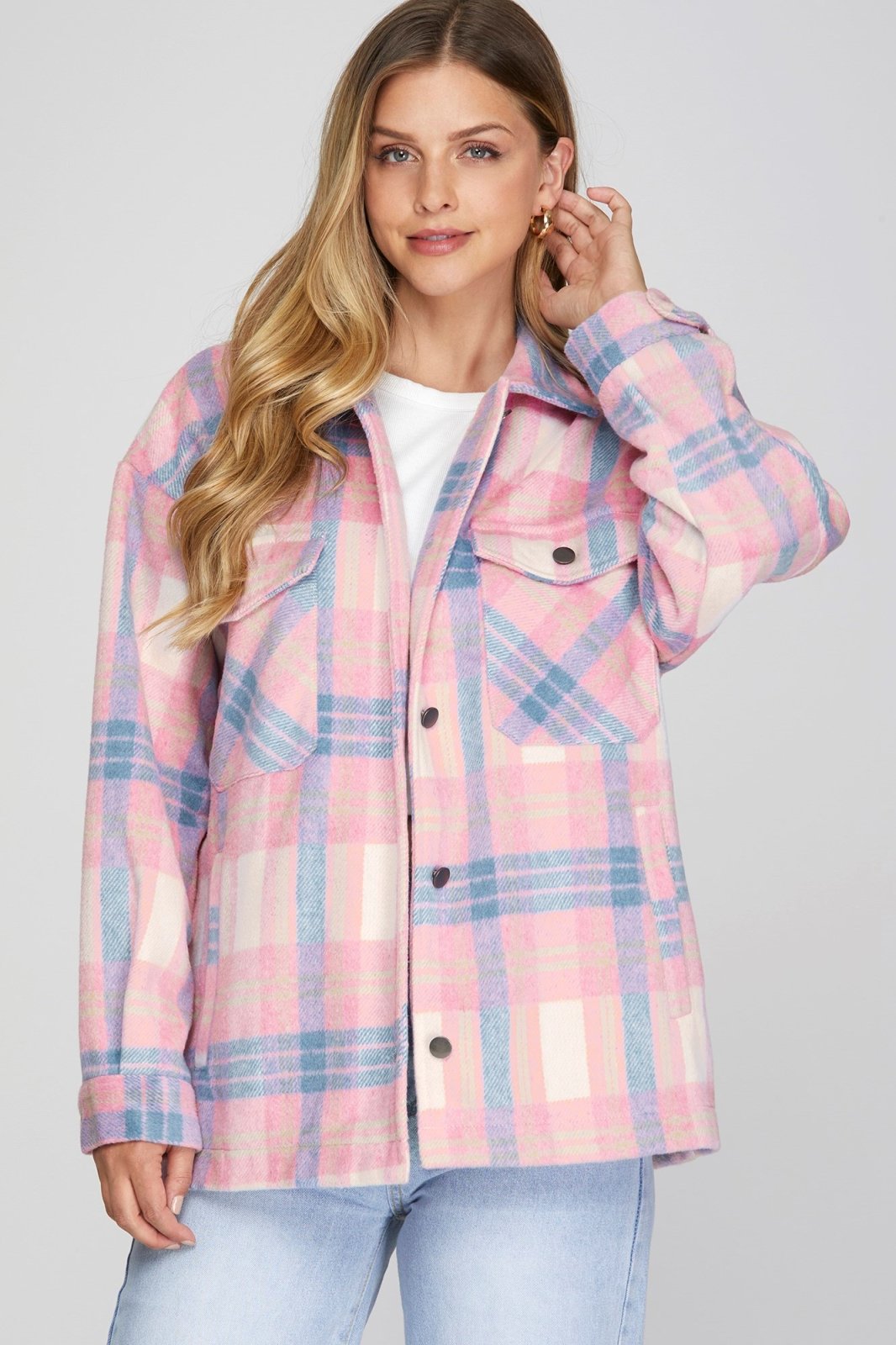 Stylish pink and blue plaid jacket for women, perfect for Port Aransas beach boutiques and curated coastal fashion.