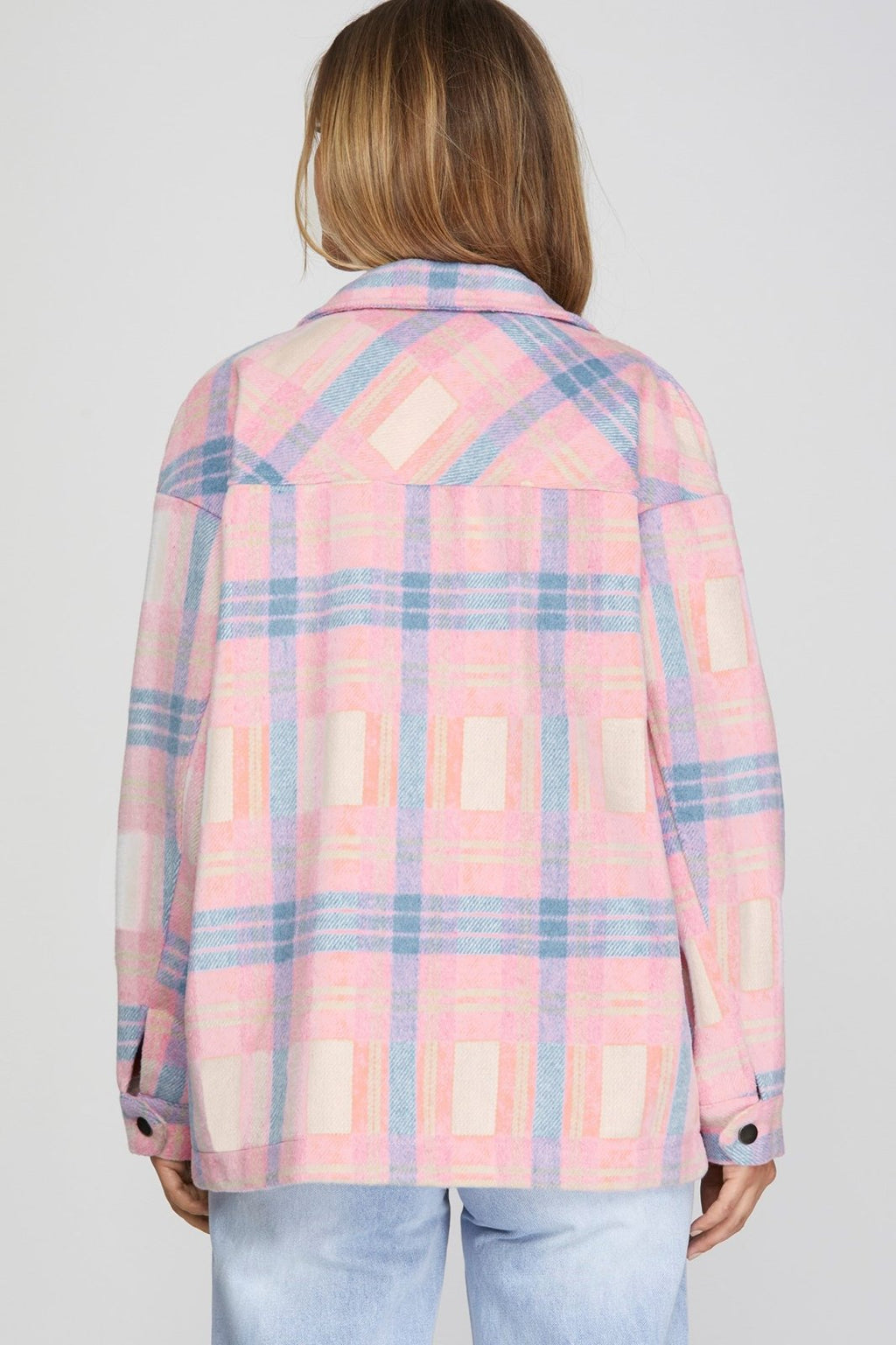 Stylish pink and blue plaid jacket, ideal for coastal boutique clothing and curvy plus size fashion.