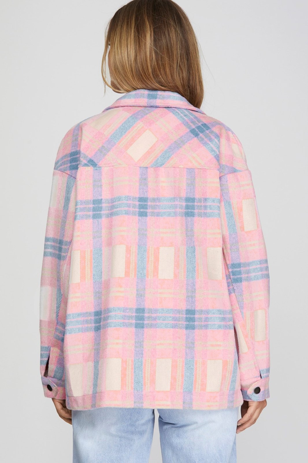 Stylish pink and blue plaid jacket, ideal for coastal boutique clothing and curvy plus size fashion.