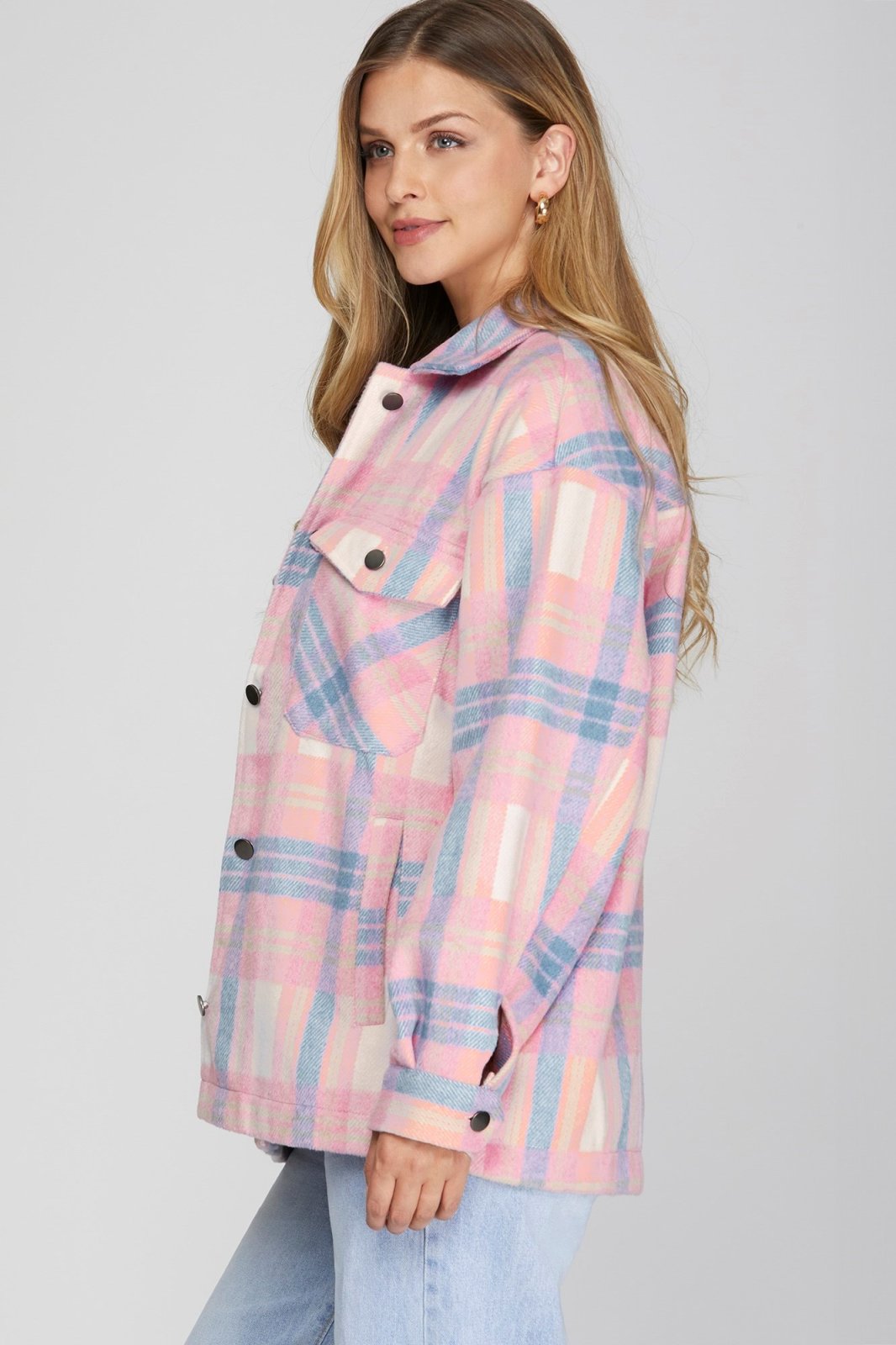 Pink and blue plaid jacket in a coastal boutique style, perfect for tropical vacations and curvy fashion in Port Aransas.