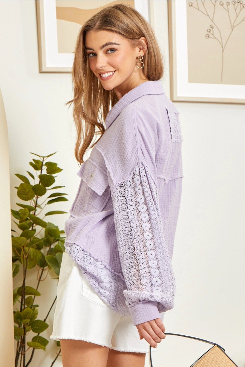 Lilac and lace top, perfect for coastal boutique clothing and curvy plus size fashion at Port Aransas. Stylish for tropical vacations.