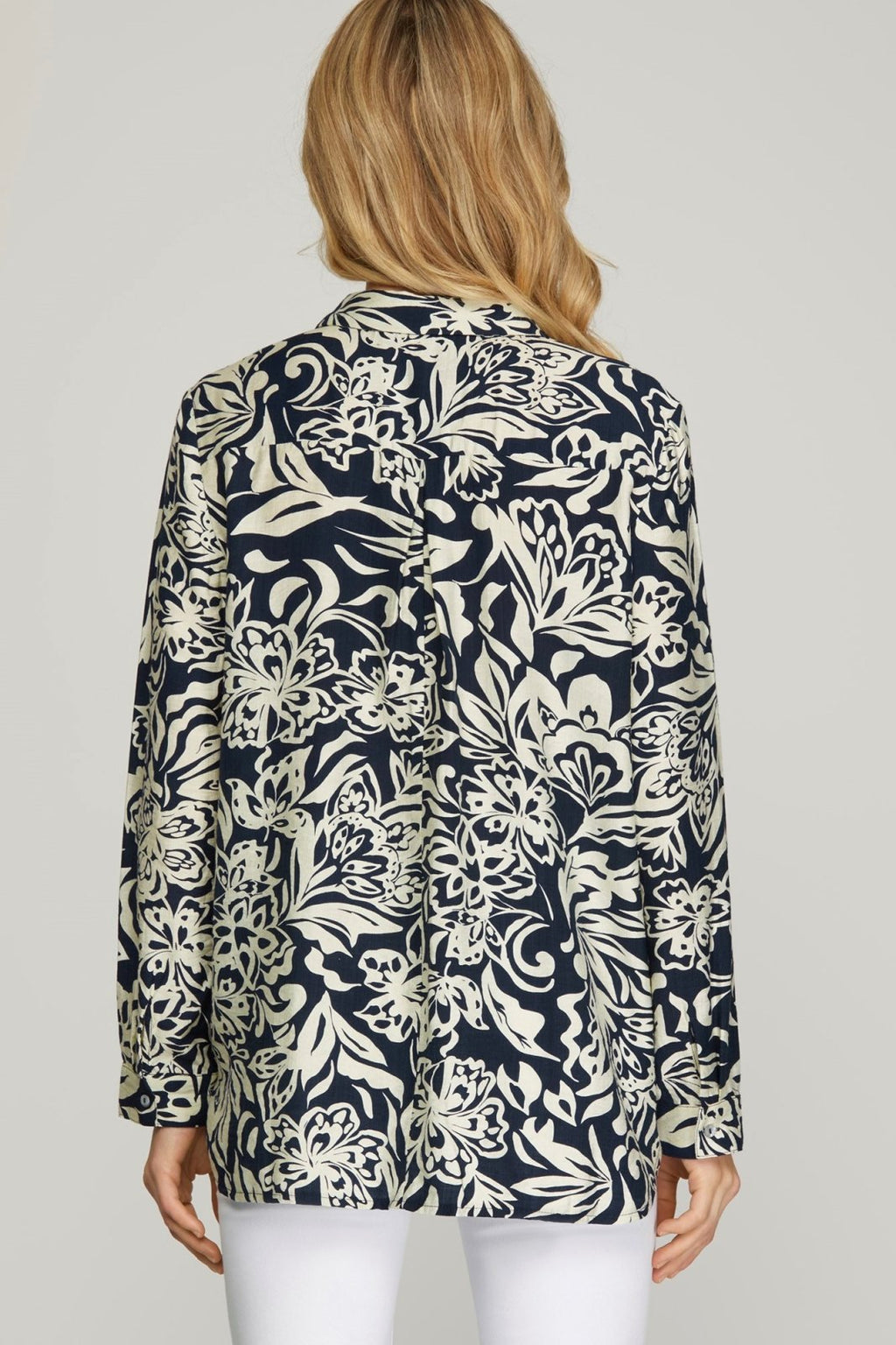 Stylish navy and ivory button down top for women, ideal for coastal boutique clothing and tropical vacation dresses.