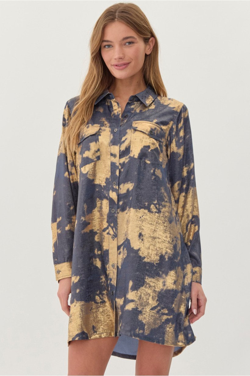 Denim and gold dress XL, perfect for coastal boutique clothing and tropical vacations, featuring a stylish design for curvy women.