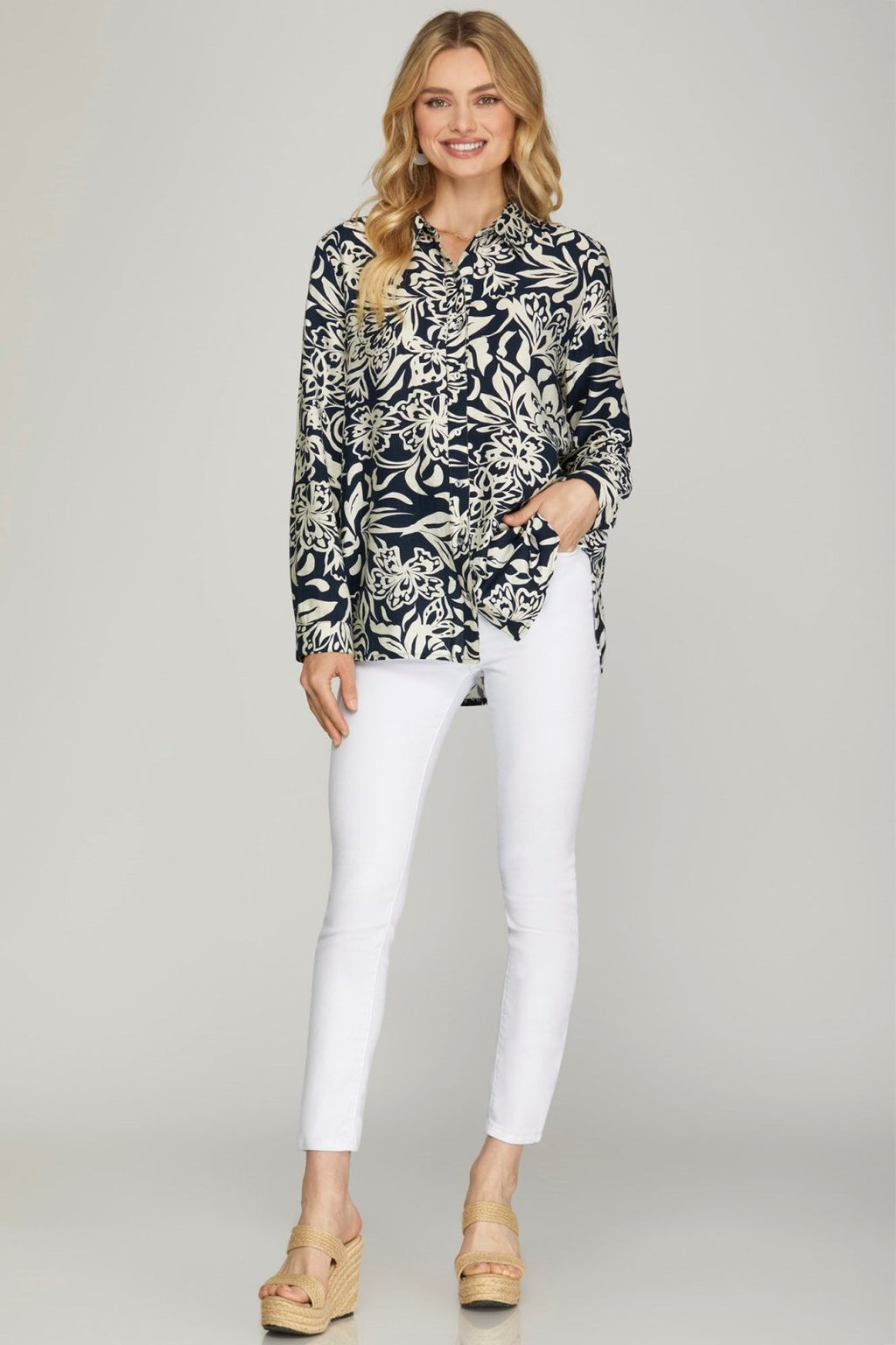 Navy and ivory button down top for women, ideal for coastal boutique clothing and stylish outfits. Perfect for tropical vacations.