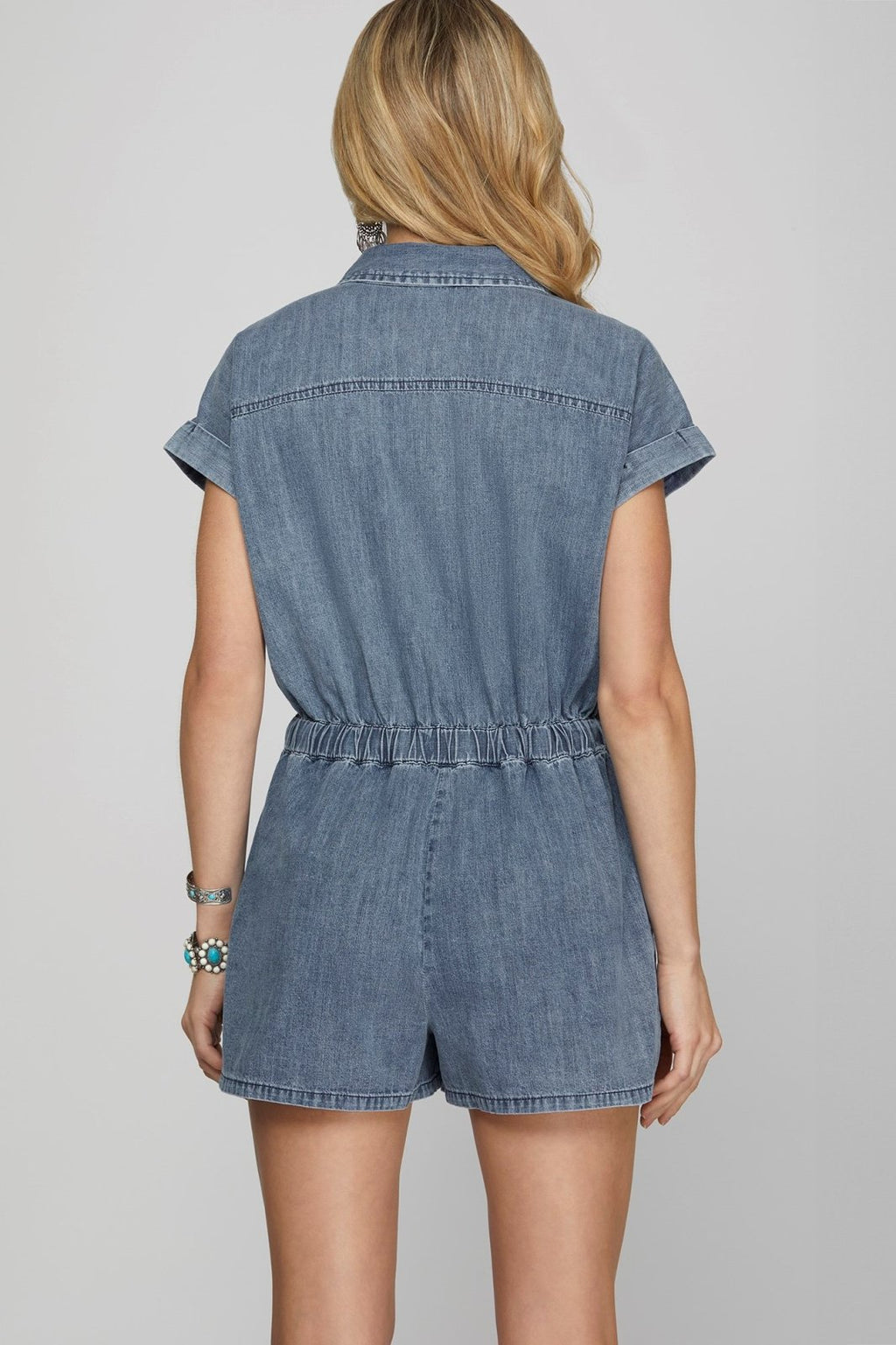 Denim blue romper with an elastic waist, perfect for beach dresses and coastal boutique clothing at Port Aransas boutique.