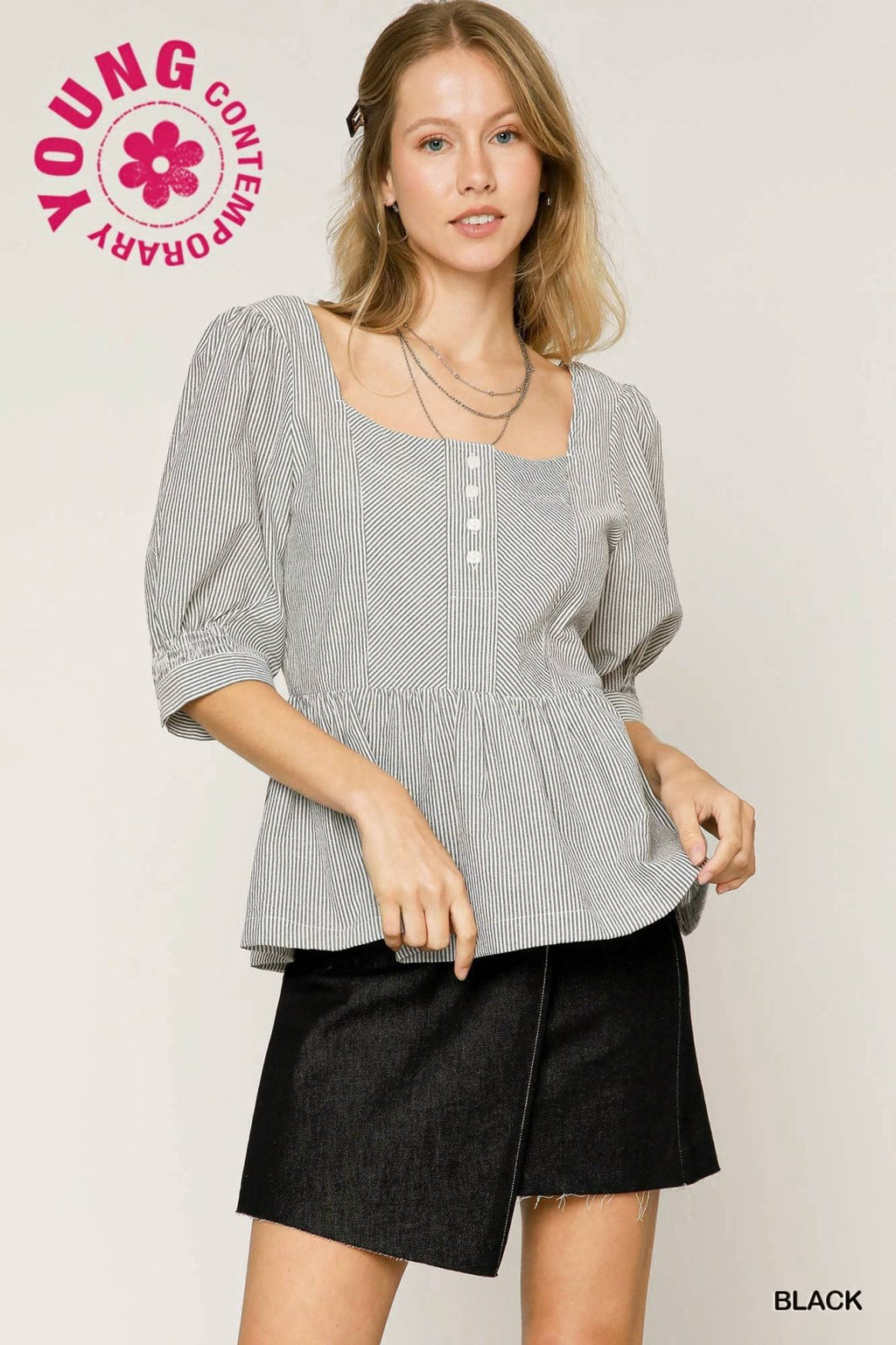 Black and white pinstripe top with square neckline and button detail. Perfect for coastal boutique clothing and curvy fashion.