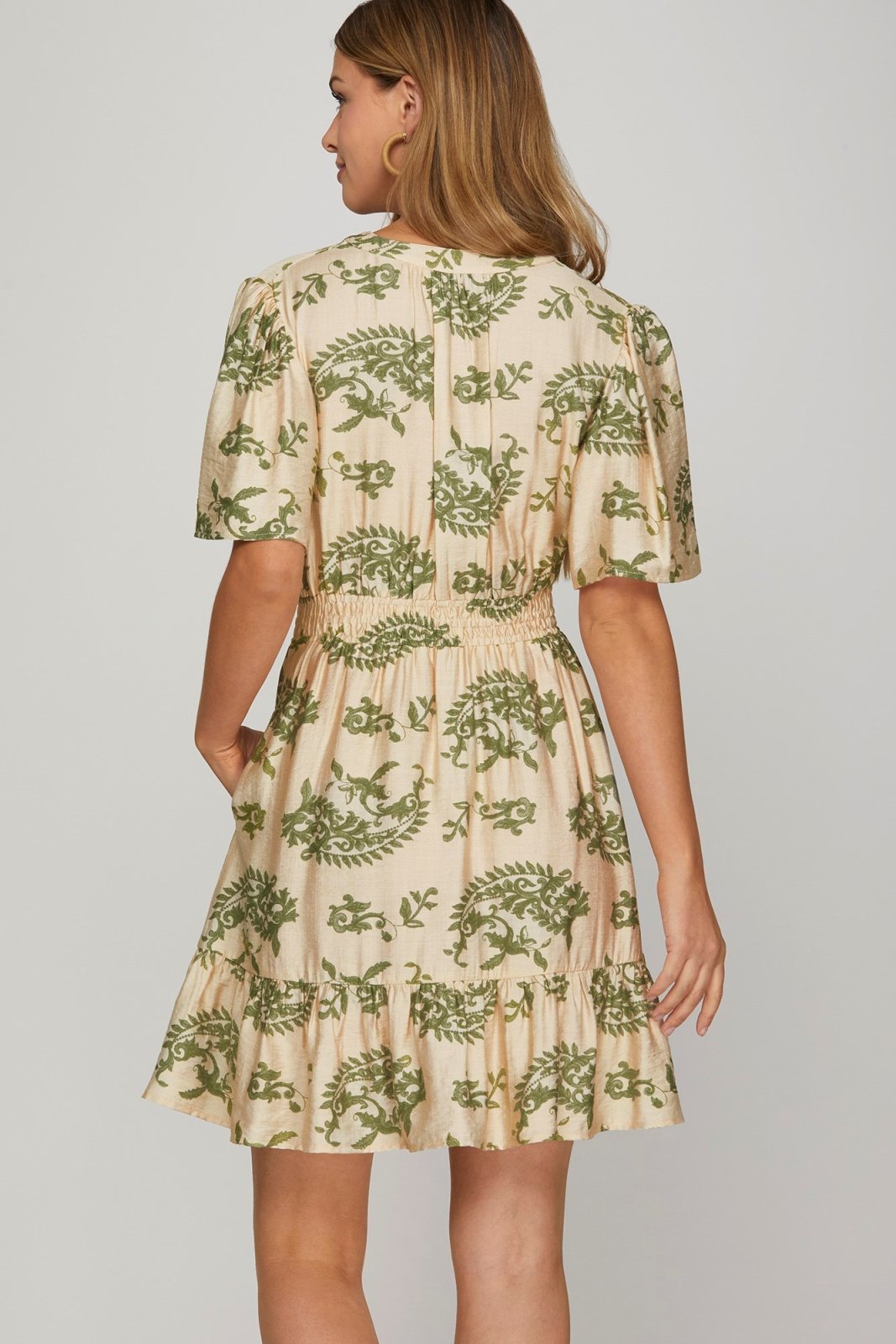 Sage green bell sleeve mini dress, perfect for warm days, from a Port Aransas boutique. Ideal for curvy plus size fashion.