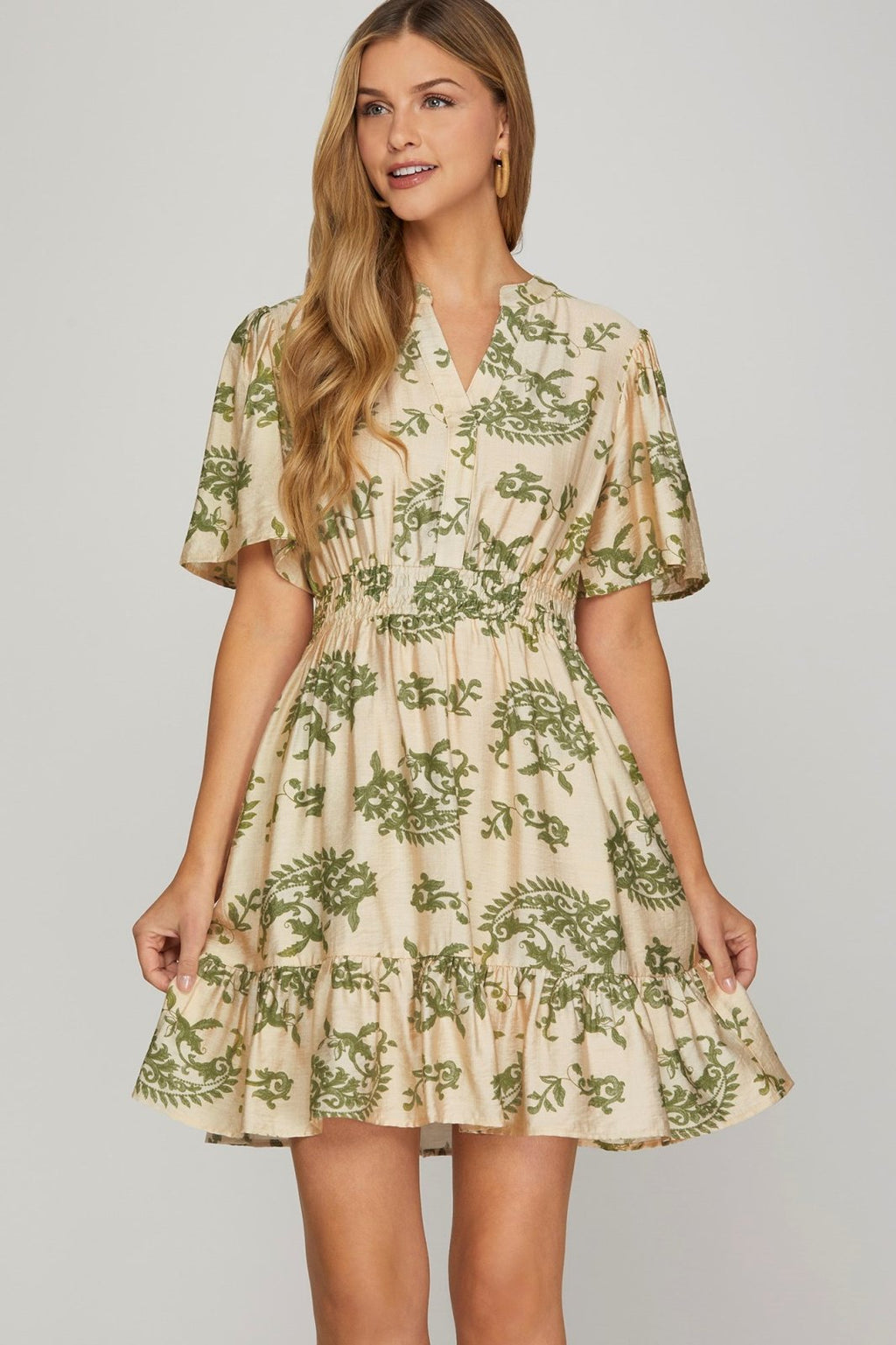 Molly Dress in sage green, lightweight bell sleeve mini dress, perfect for layering, from coastal boutique clothing.
