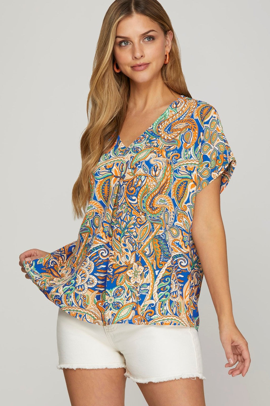 Vibrant woven print Kathy Top, perfect for coastal boutique clothing. Ideal for stylish summer outfits with shorts.