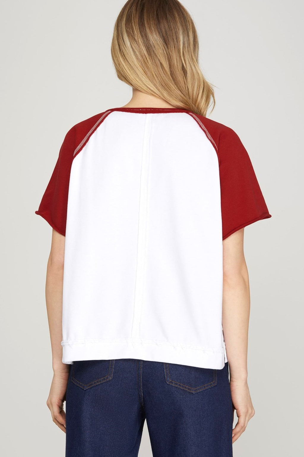 Back view of stylish maroon and white Game Day top for women, perfect for casual outings and tailgates from coastal boutique.