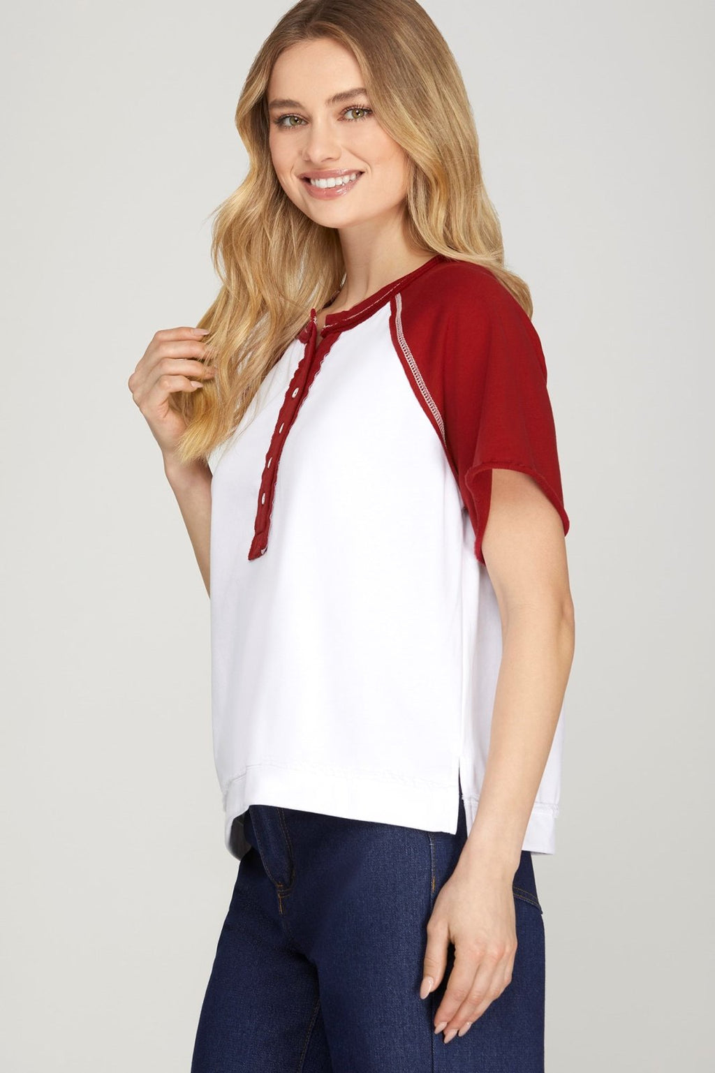 Stylish maroon and white game day top from a Port Aransas boutique, perfect for casual outings and tailgate events.