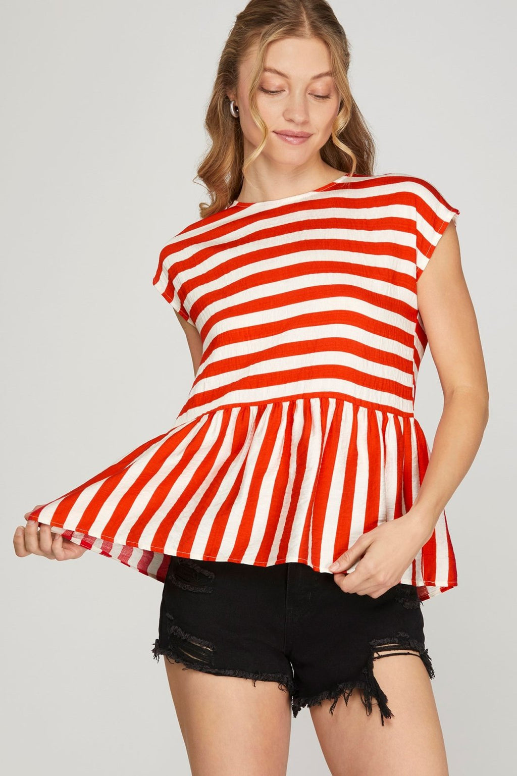 Red striped drop shoulder top for women, perfect for casual outings, featuring a flattering peplum style and relaxed fit.
