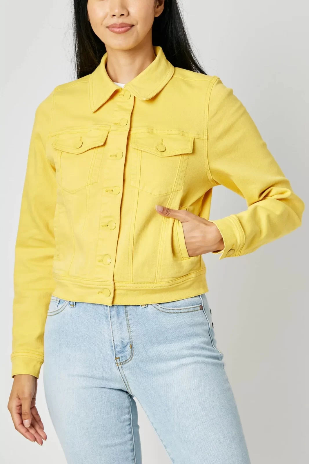 JUDY BLUE YELLOW DYED DENIM JACKET modeled in a trendy coastal style, perfect for summer outfits Texas from Raggdoll Boutique.
