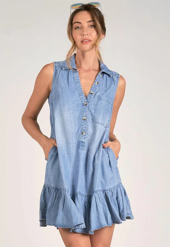 Twirl It Summer Denim Dress from Raggdoll Boutique, perfect for trendy coastal style and summer outfits in Texas.